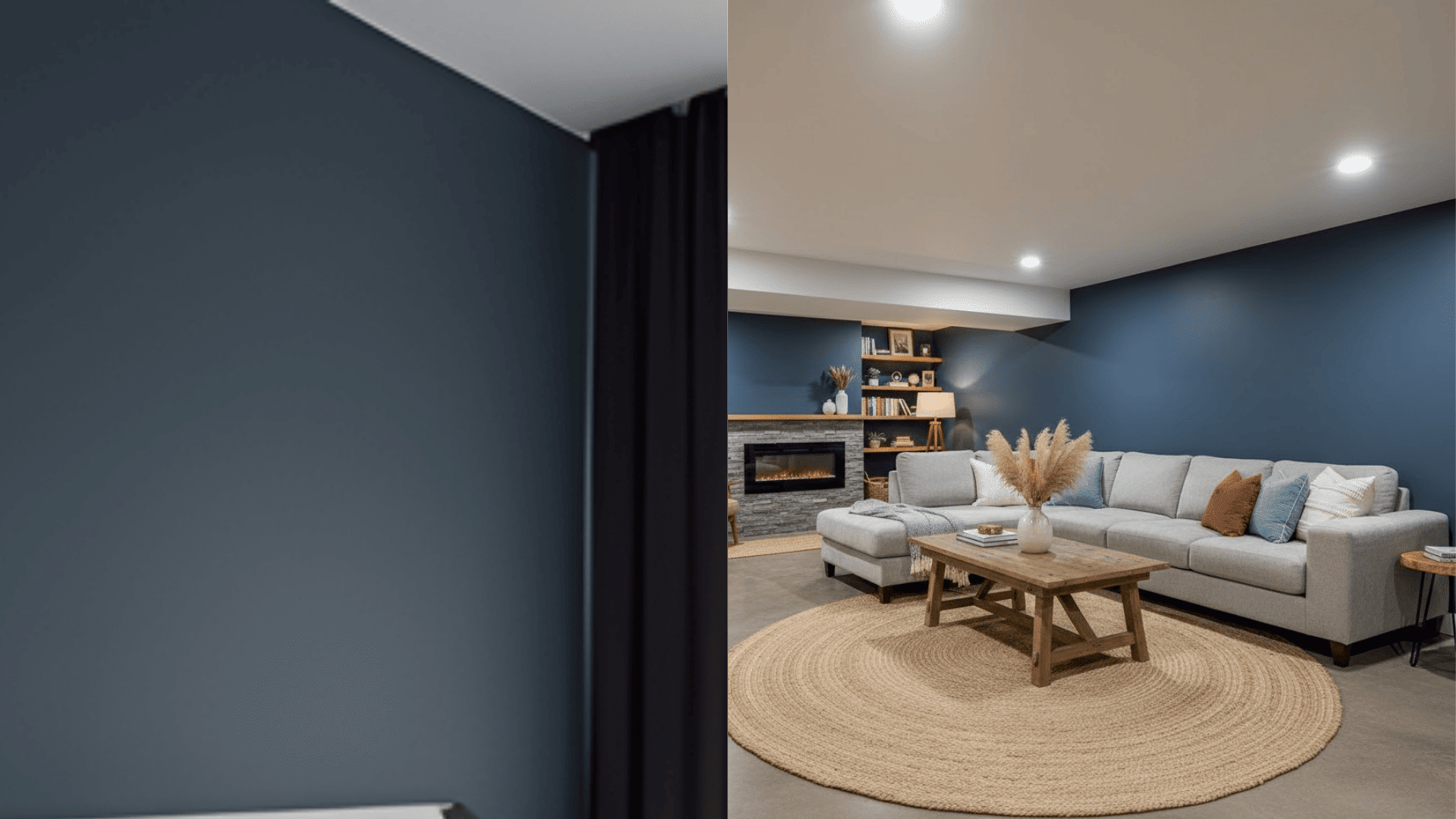 basement painted in lighter navy blue showing reflective walls without cave effect