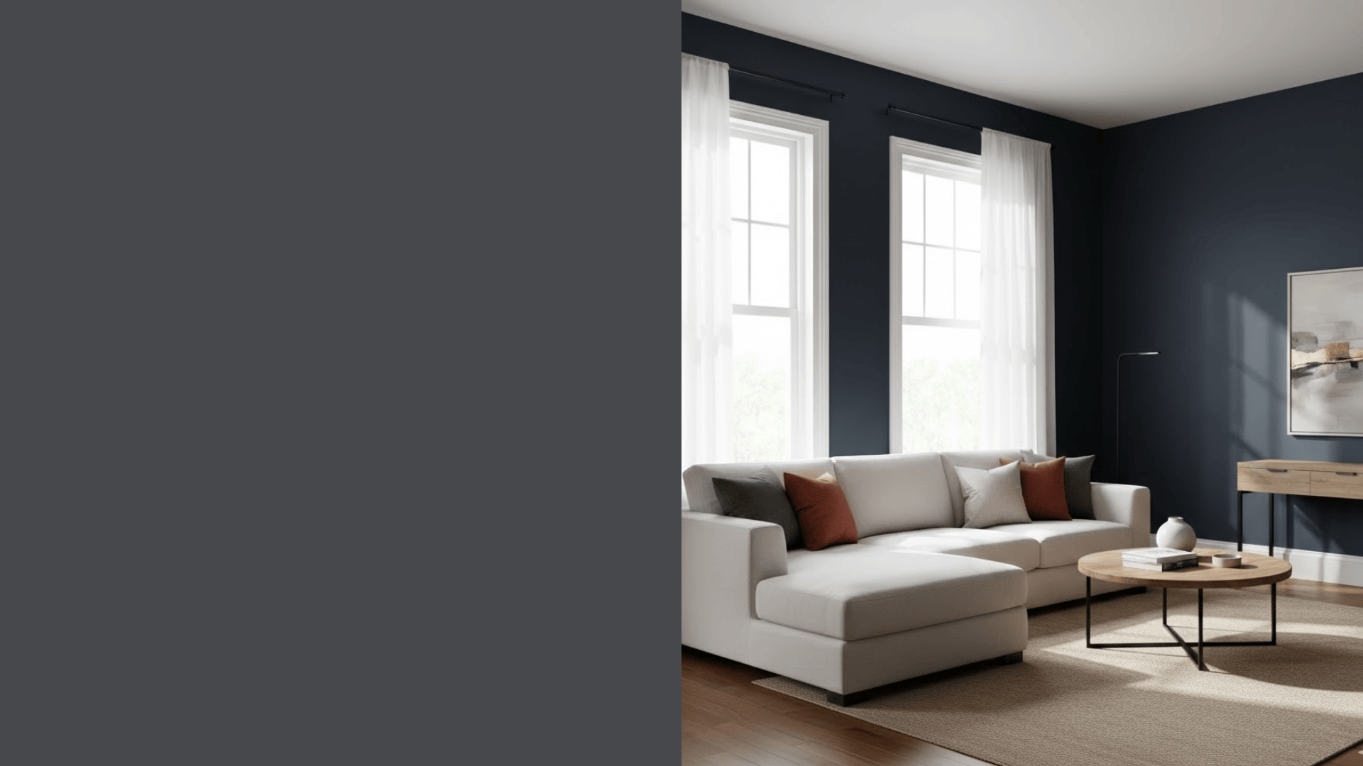 bright living room with dark navy walls that look dramatic but not heavy