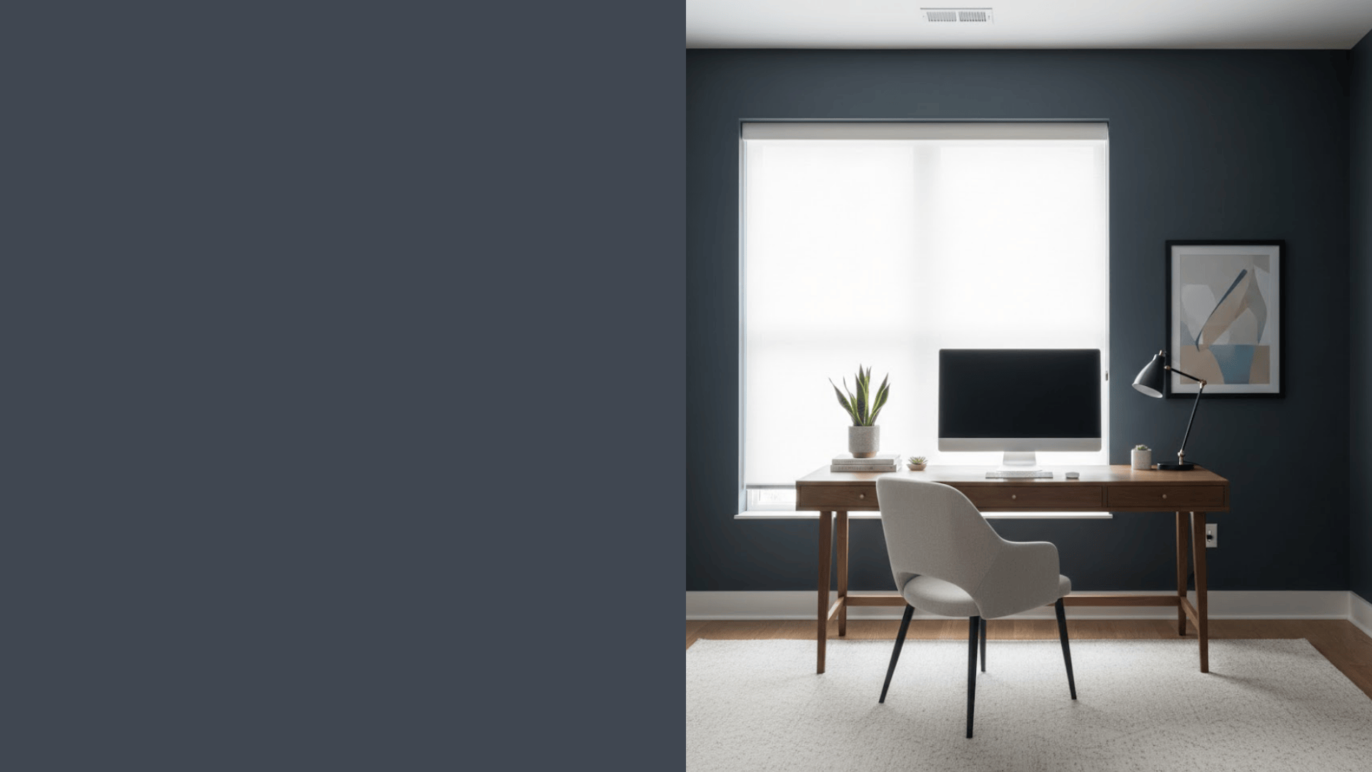 home office painted in dark blue gray showing open feel and soft light reflection