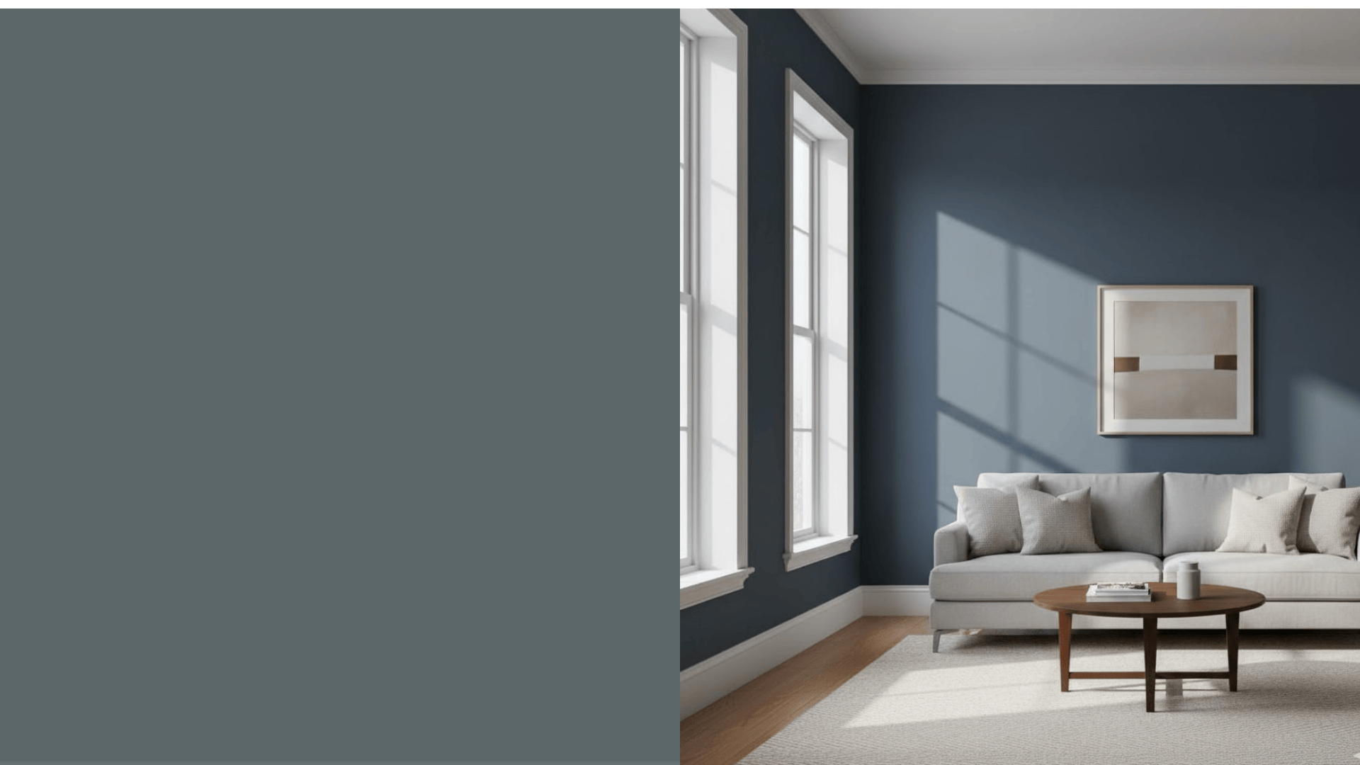 muted navy painted wall showing color shift between morning and evening light