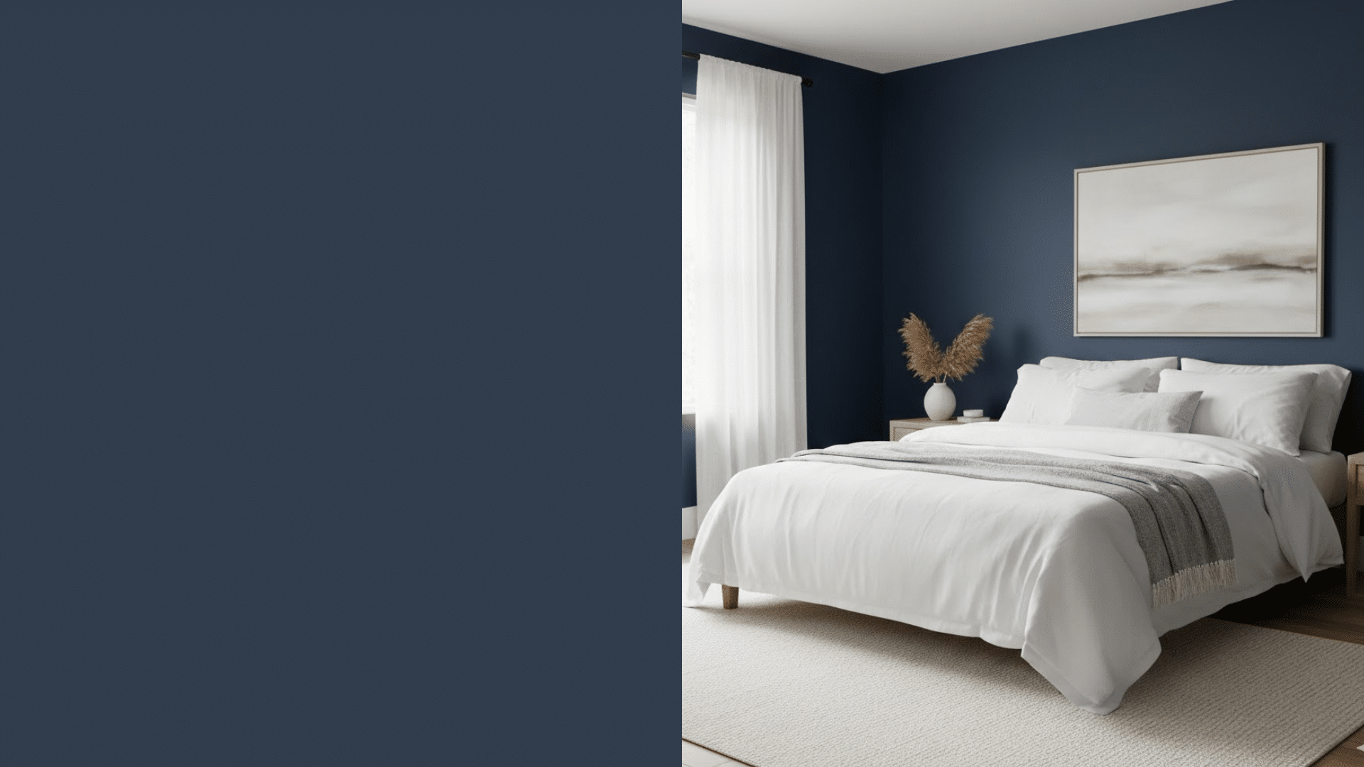 north facing bedroom with true navy blue walls showing clear color without gray shift