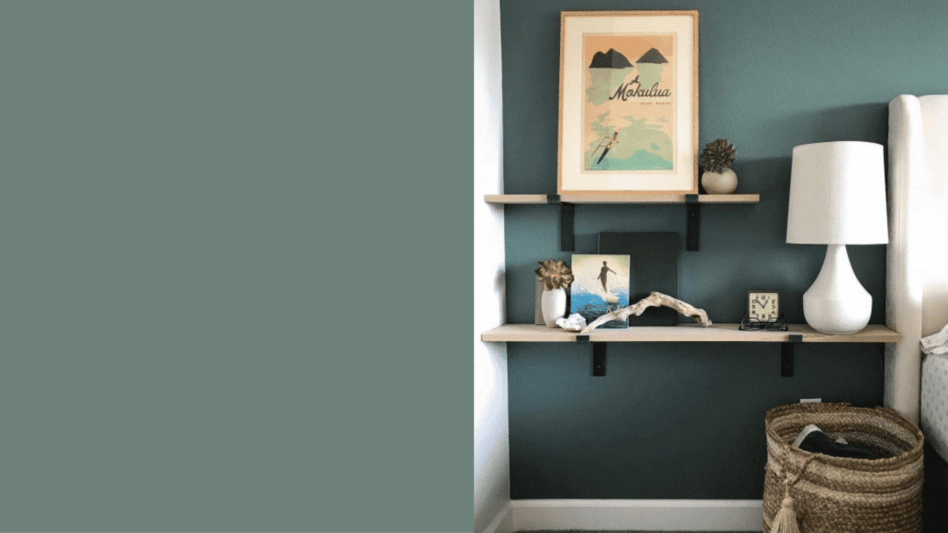 small home office with green blue walls white trim simple desk daylight