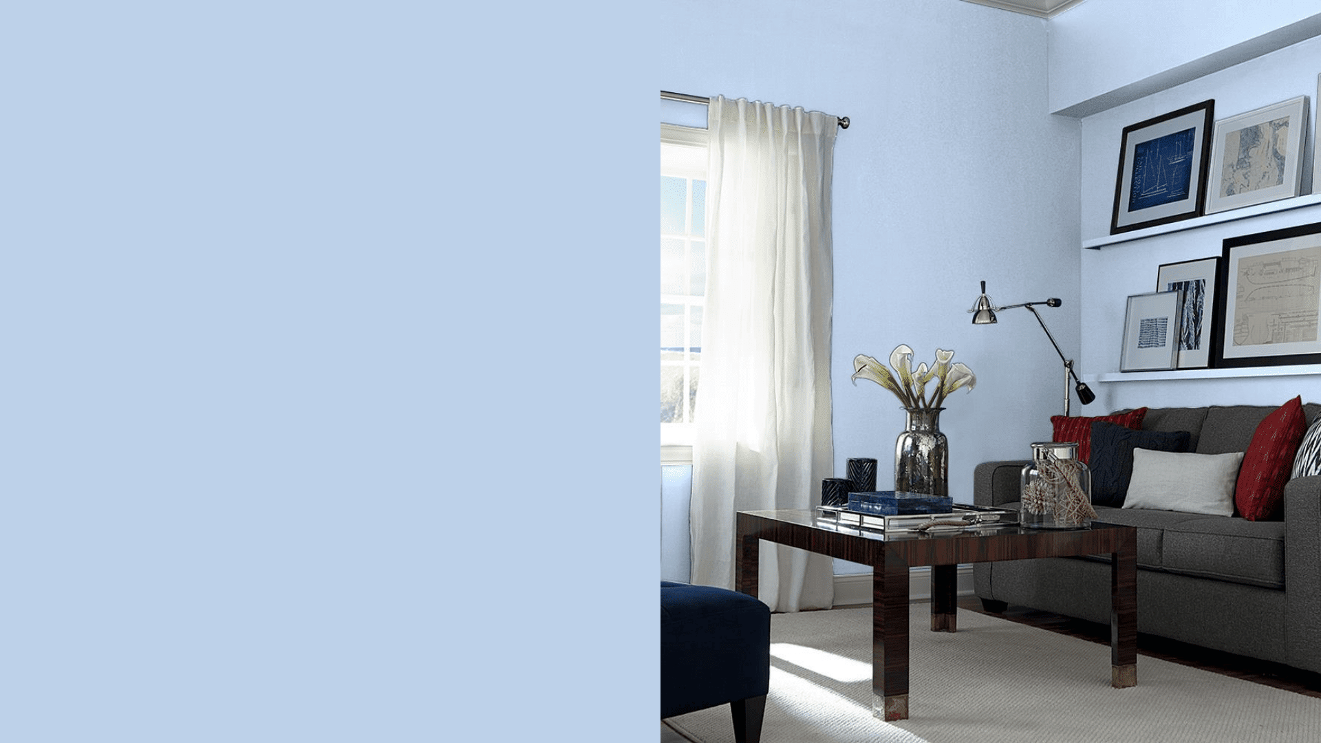 small north facing room with pale blue walls light furniture soft daylight