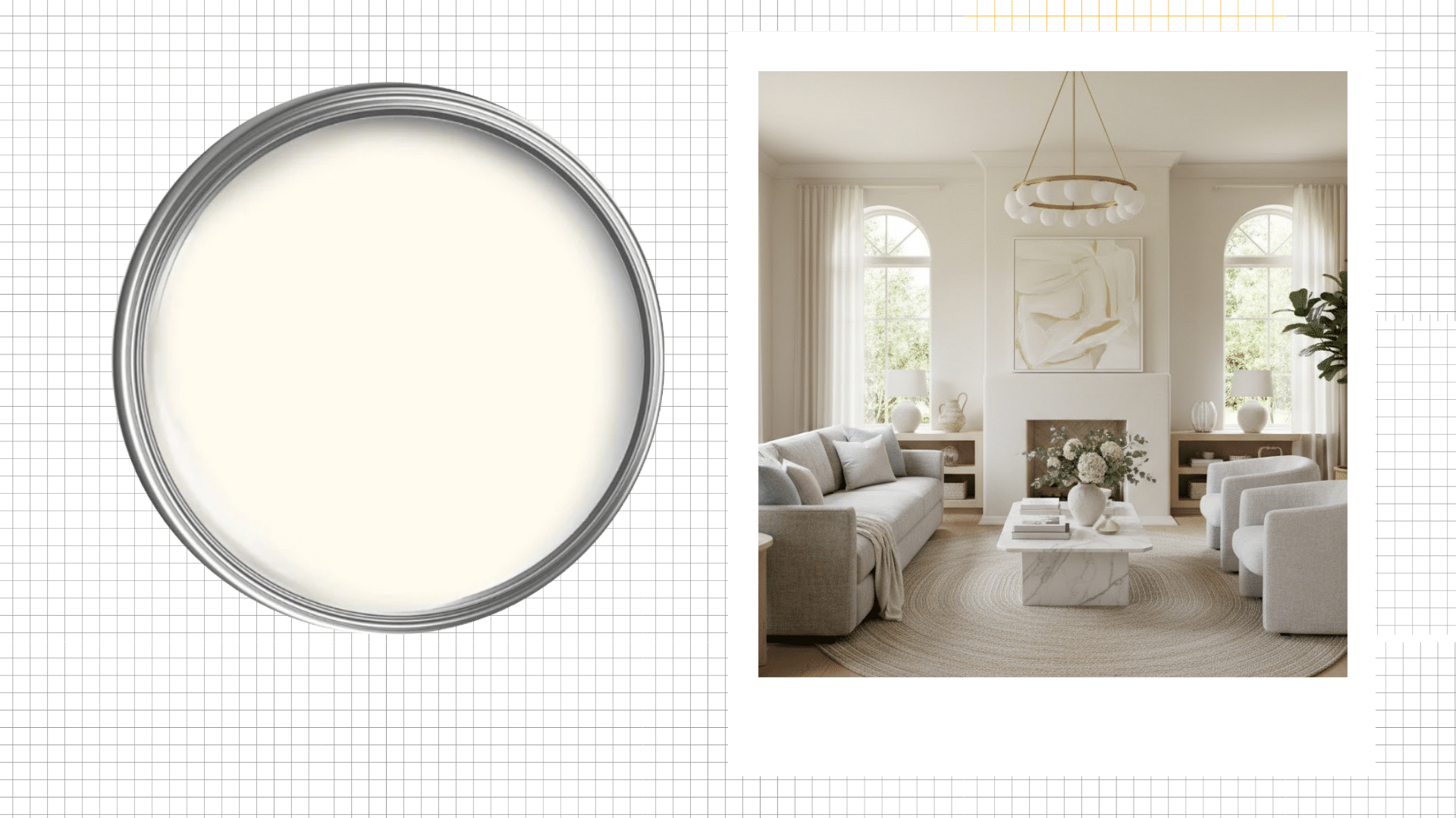 A can displaying Sherwin-Williams Alabaster (SW 7008) next to an image of a bright, modern living room with neutral furnishings and arched windows