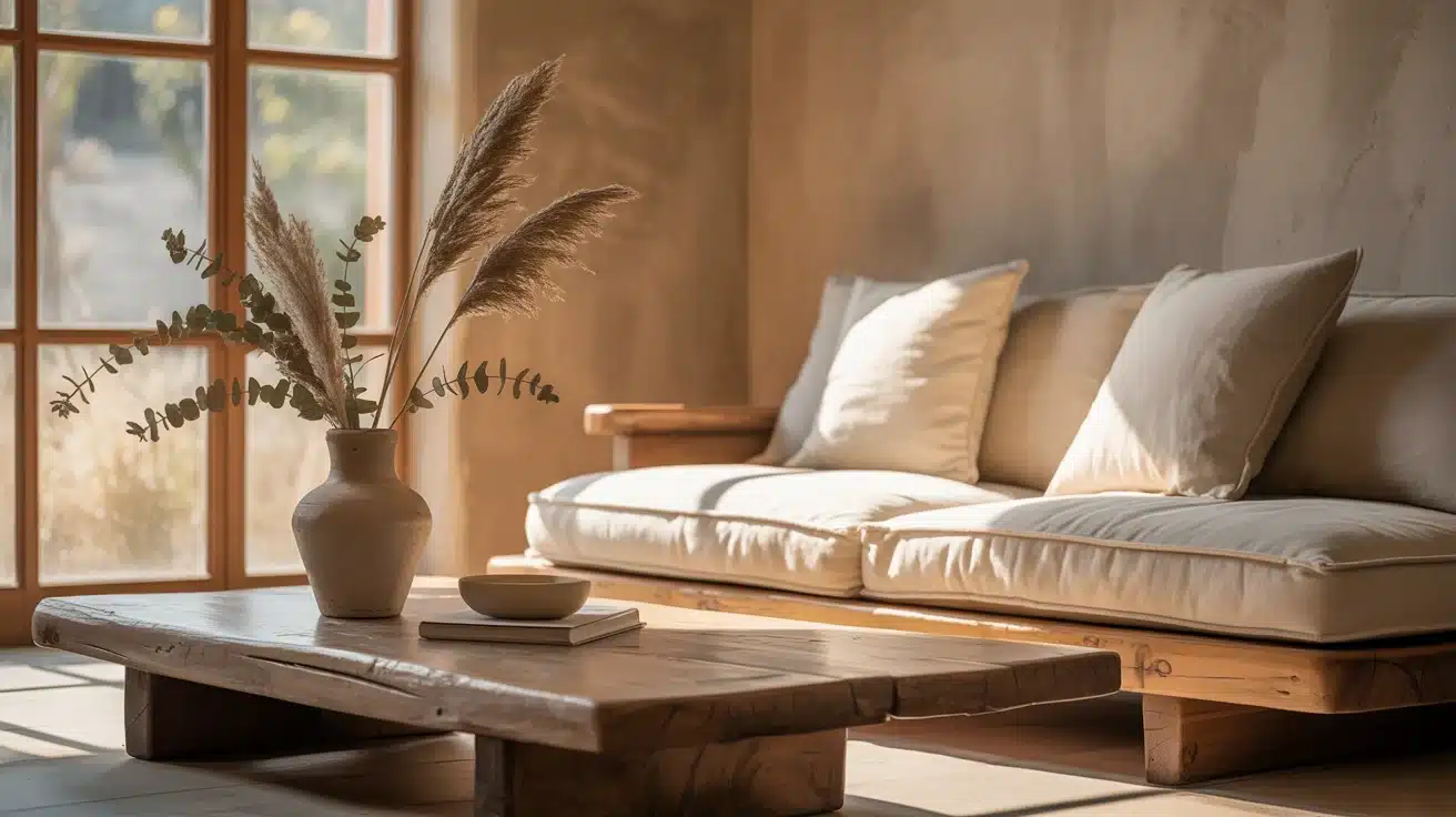 A living room with a couch, coffee table, and window, showcasing the beauty of wabi-sabi in home decor