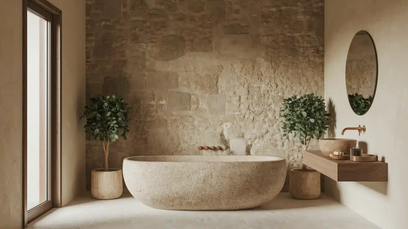 A wabi sabi style bathroom featuring a stone wall and a spacious bathtub creating a serene and elegant atmosphere