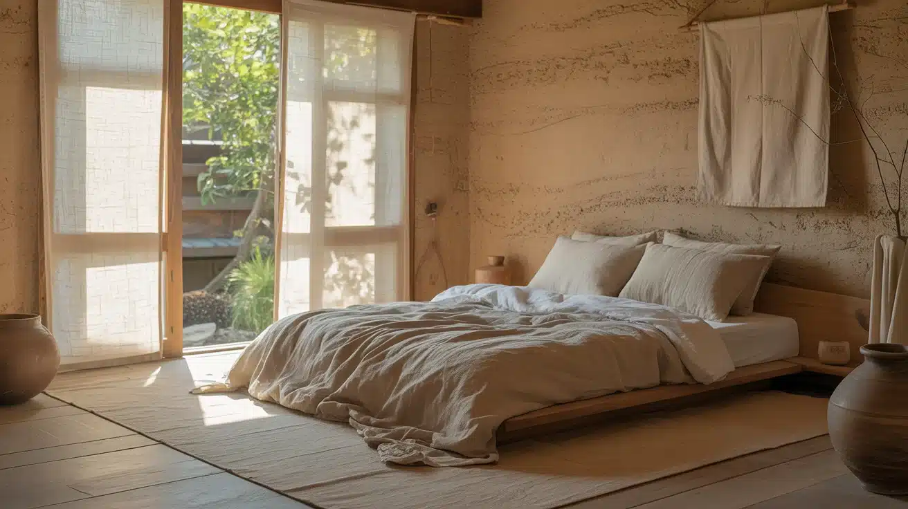 A wabi sabi style bedroom showcasing a bed and a window creating a bright and inviting atmosphere