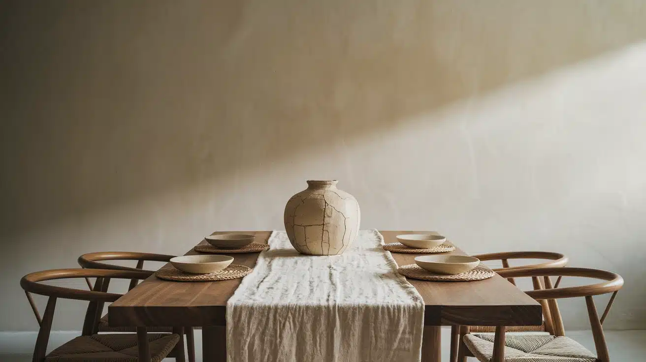 A wabi sabi style dinning room with wooden table and four chairs arranged around it topped with a decorative vase