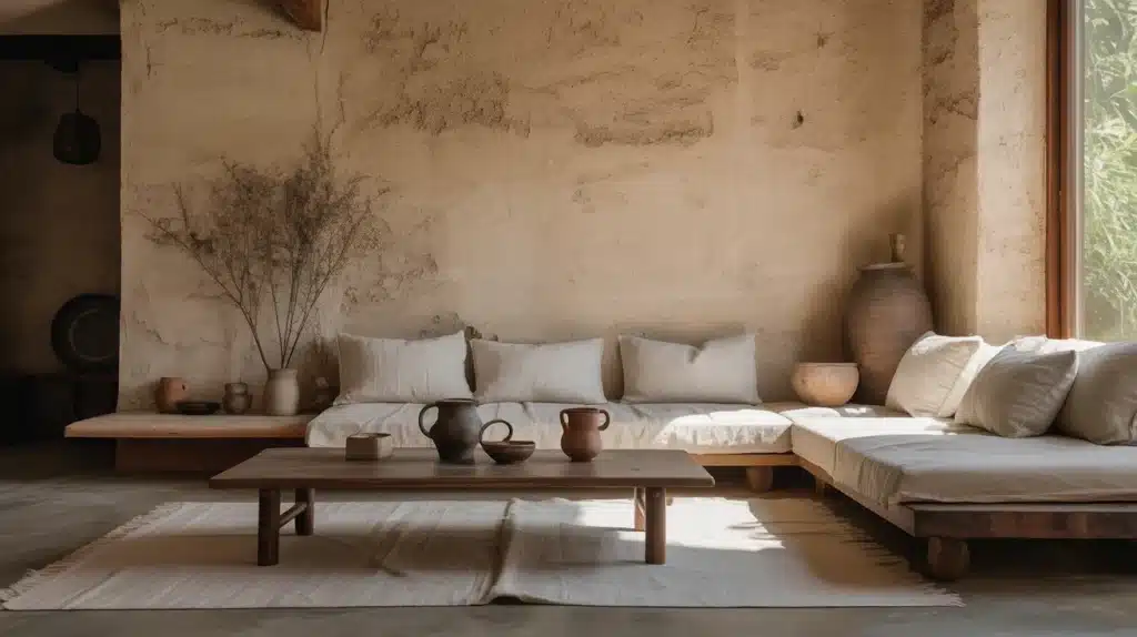 A well furnished wabi sabi style living room with a couch a coffee table and decorative vases highlighting the ambiance