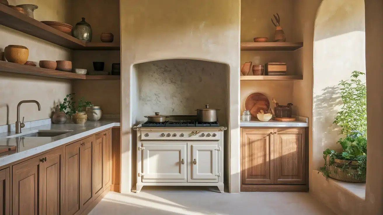 Awabi sabi style kitchen setup that includes a stove sink and shelves highlighting essential cooking elements