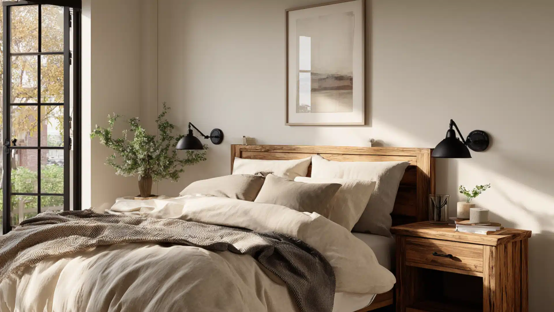Bedroom with unmade bed beige linens wooden nightstands black sconces large window and soft natural light