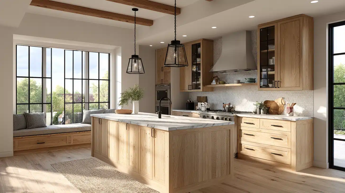 Bright craftsman style kitchen with shaker cabinets, large wood island, pendant lights, and exposed ceiling beams