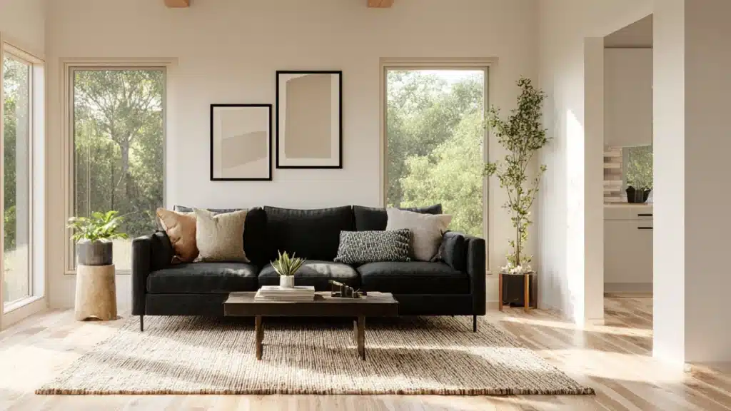 Cheviot sherwin williams bedroom with beige headboard white bedding wooden nightstands and natural light