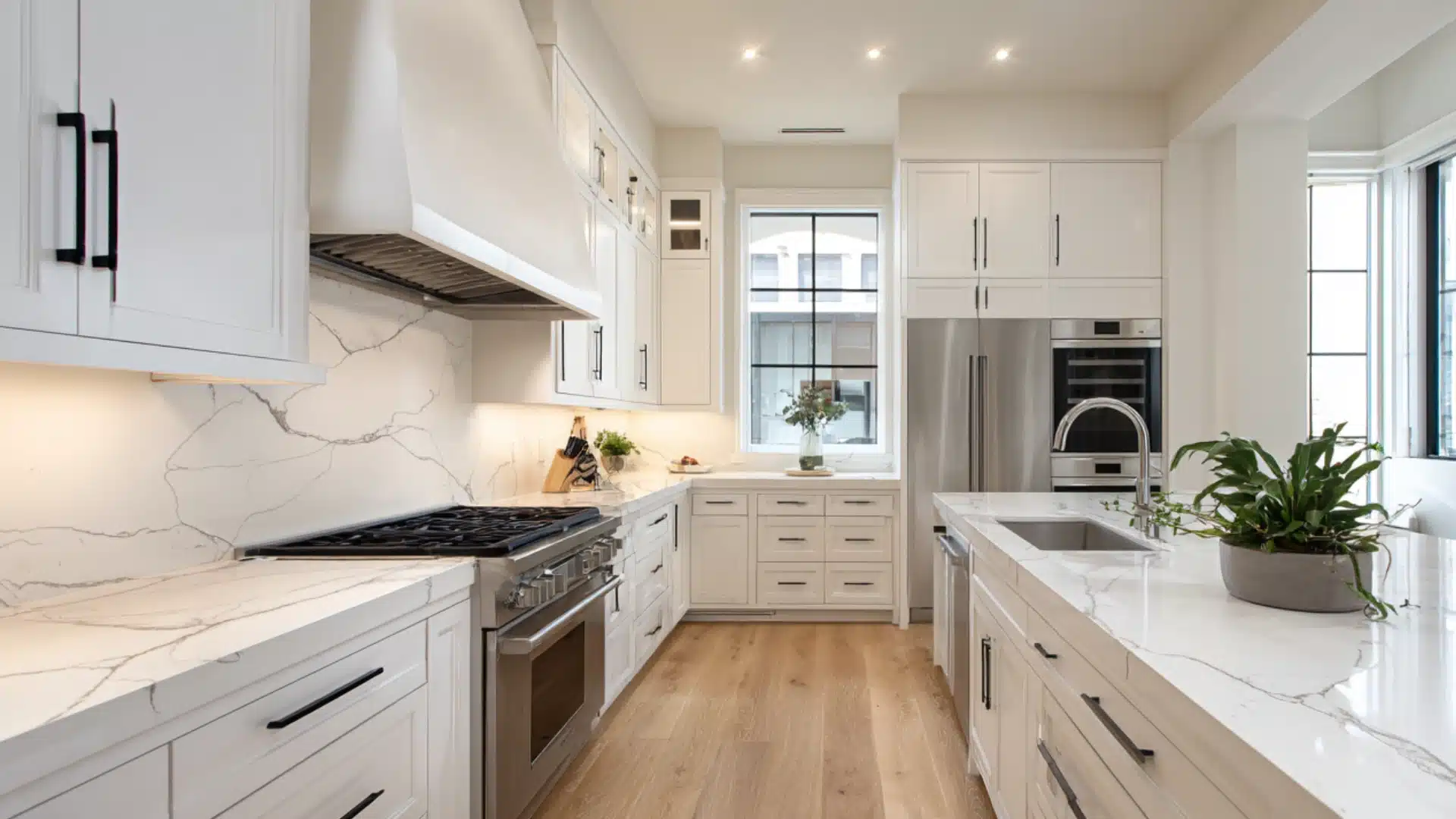 Cheviot sherwin williams kitchen with white cabinets marble counters a dark wood island and large black window frames