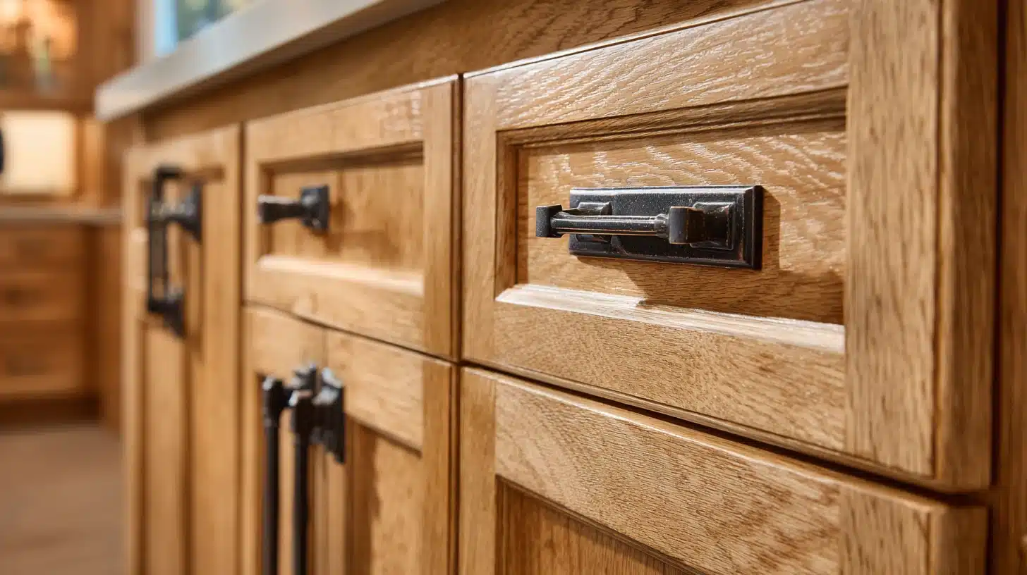Close-up of mission-style cabinet hardware on wood drawers in a craftsman style kitchen with natural wood grain.