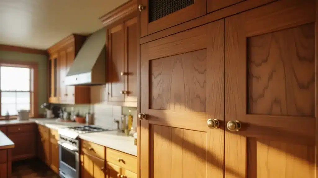 Close-up of rich wood cabinetry with brass knobs in a craftsman style kitchen with natural light and classic detailing