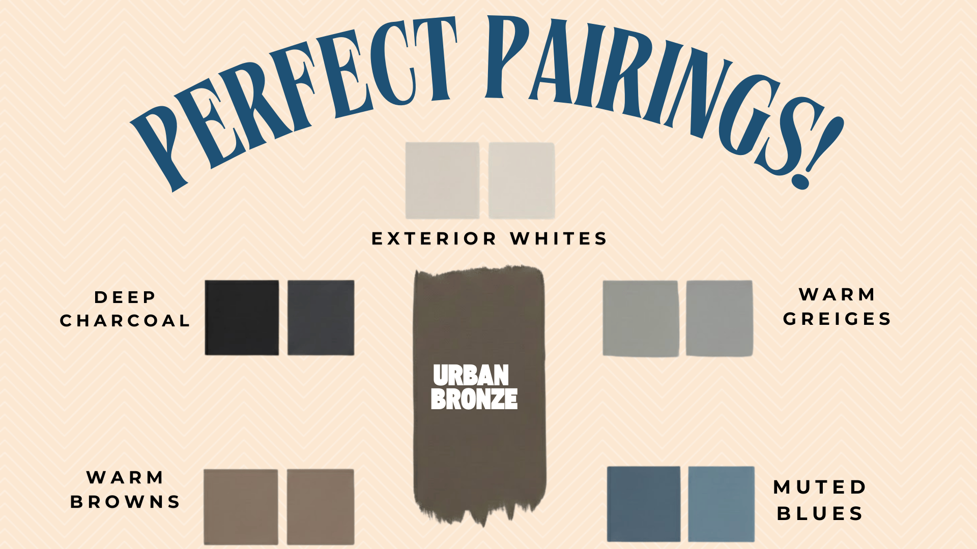 Color palette graphic showing urbane bronze exterior paint pairings with white charcoal greige brown and muted blue swatches