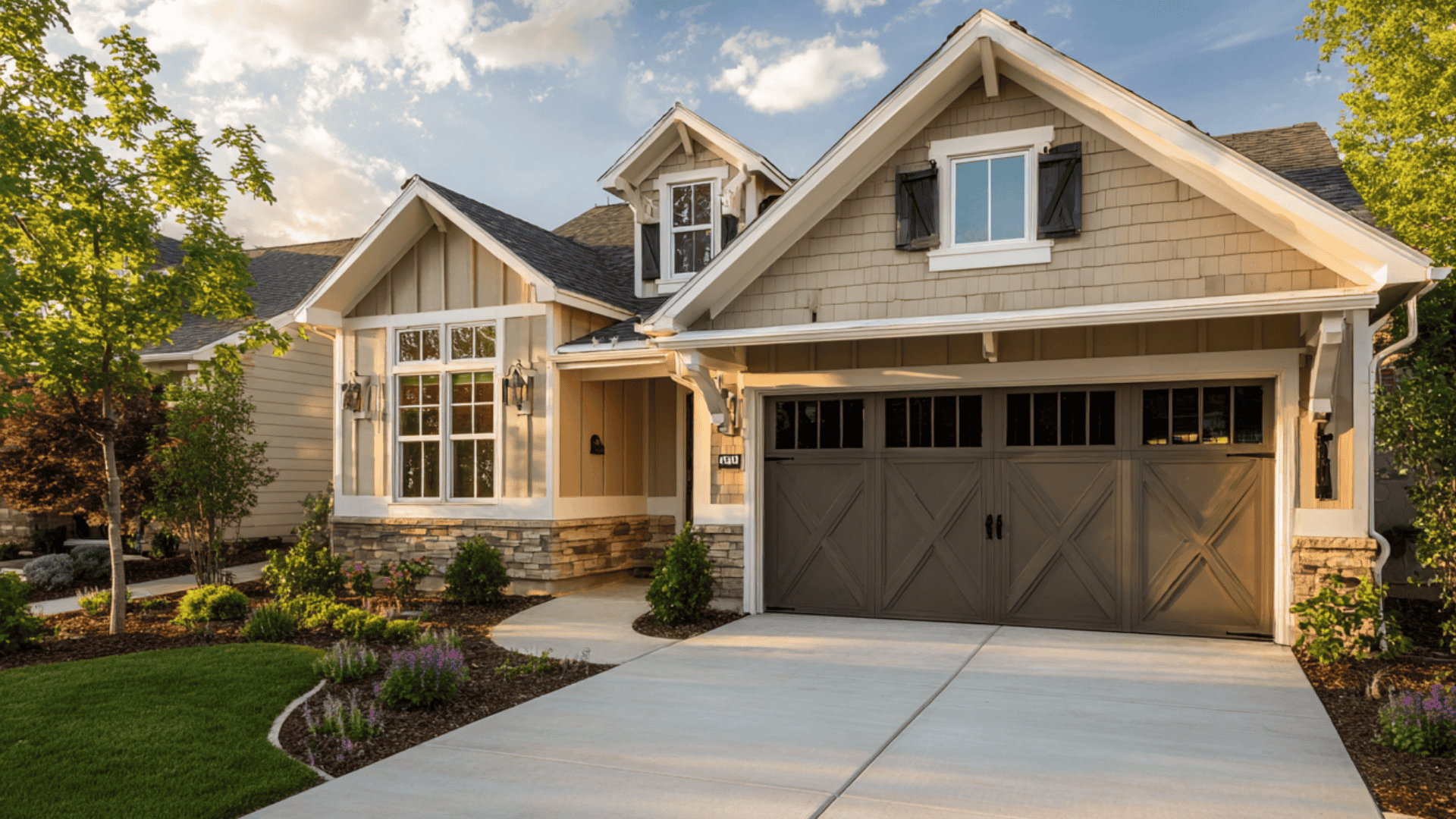 Craftsman house with tan siding and stone accents features a dark urbane bronze exterior garage door and black shutters