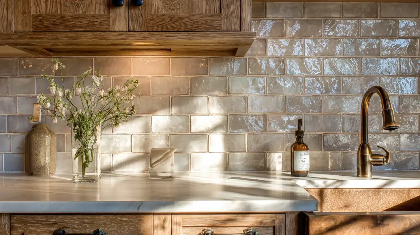 Craftsman kitchen backsplash with handcrafted subway tiles, wood cabinets, bronze faucet, and marble countertop in natural light.