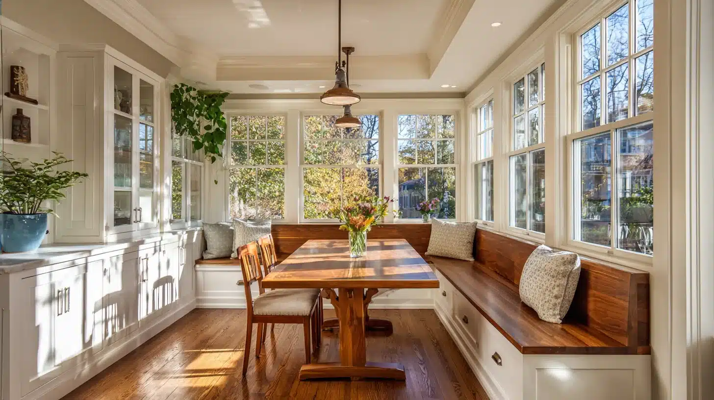 Craftsman kitchen breakfast nook with built-in wooden bench seating, large windows, and a sunlit dining table