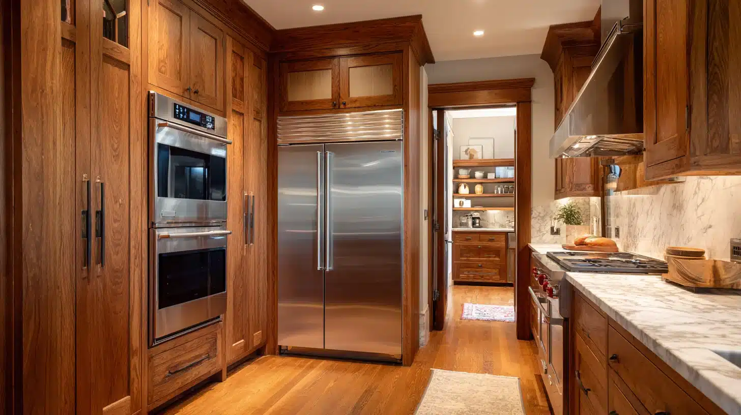 Craftsman kitchen mixing stone countertops and wood cabinetry with textured backsplash and large island