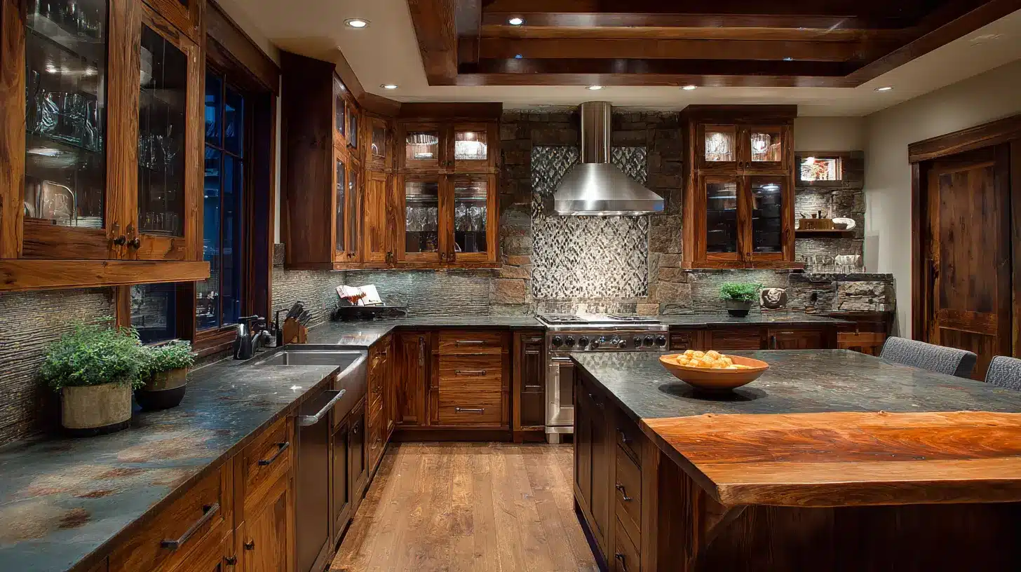 Craftsman kitchen mixing stone countertops and wood cabinetry with textured backsplash and large island.