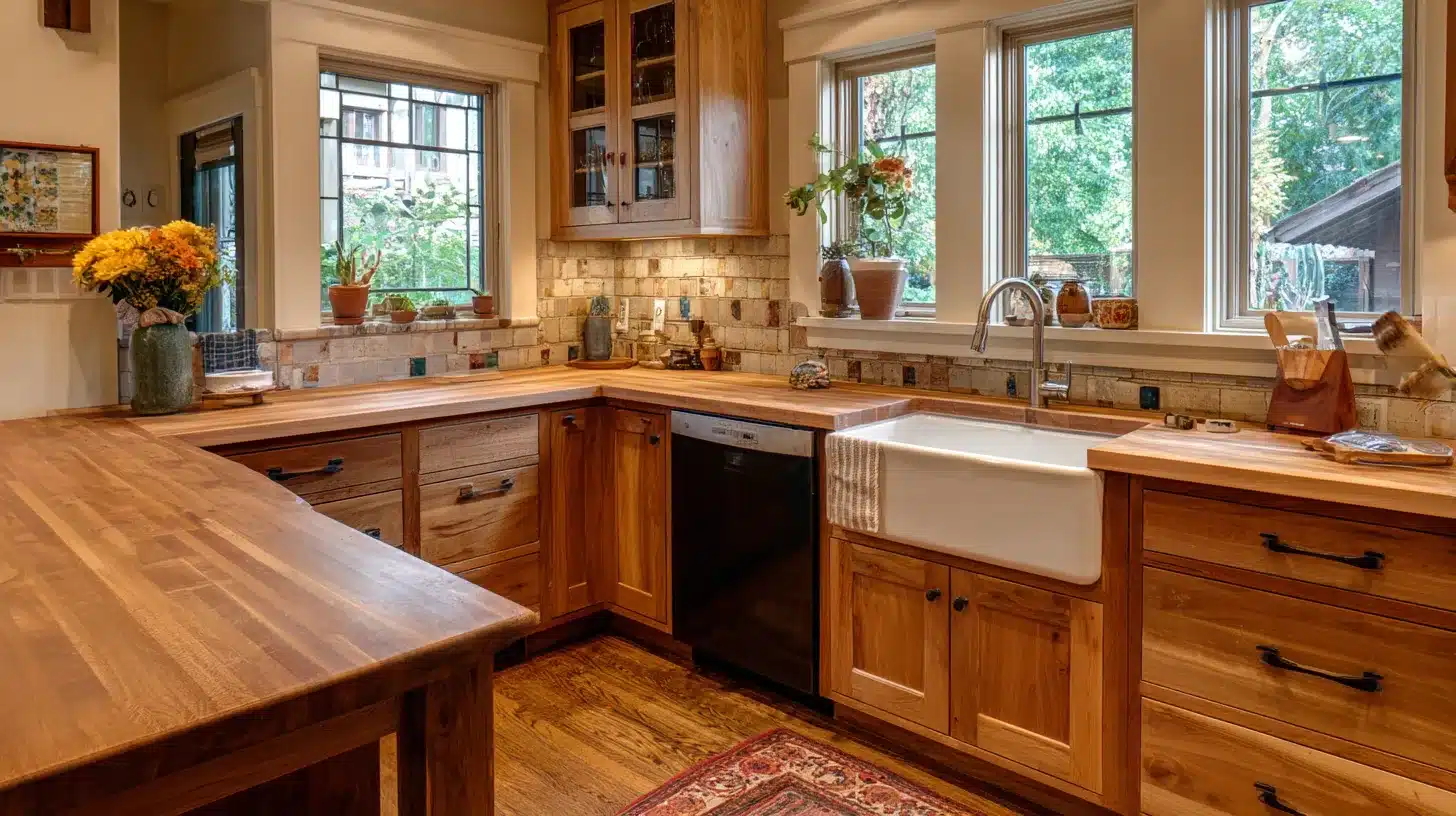 Craftsman kitchen with butcher block countertops, farmhouse sink, natural wood cabinets, and bright windows with greenery outside.