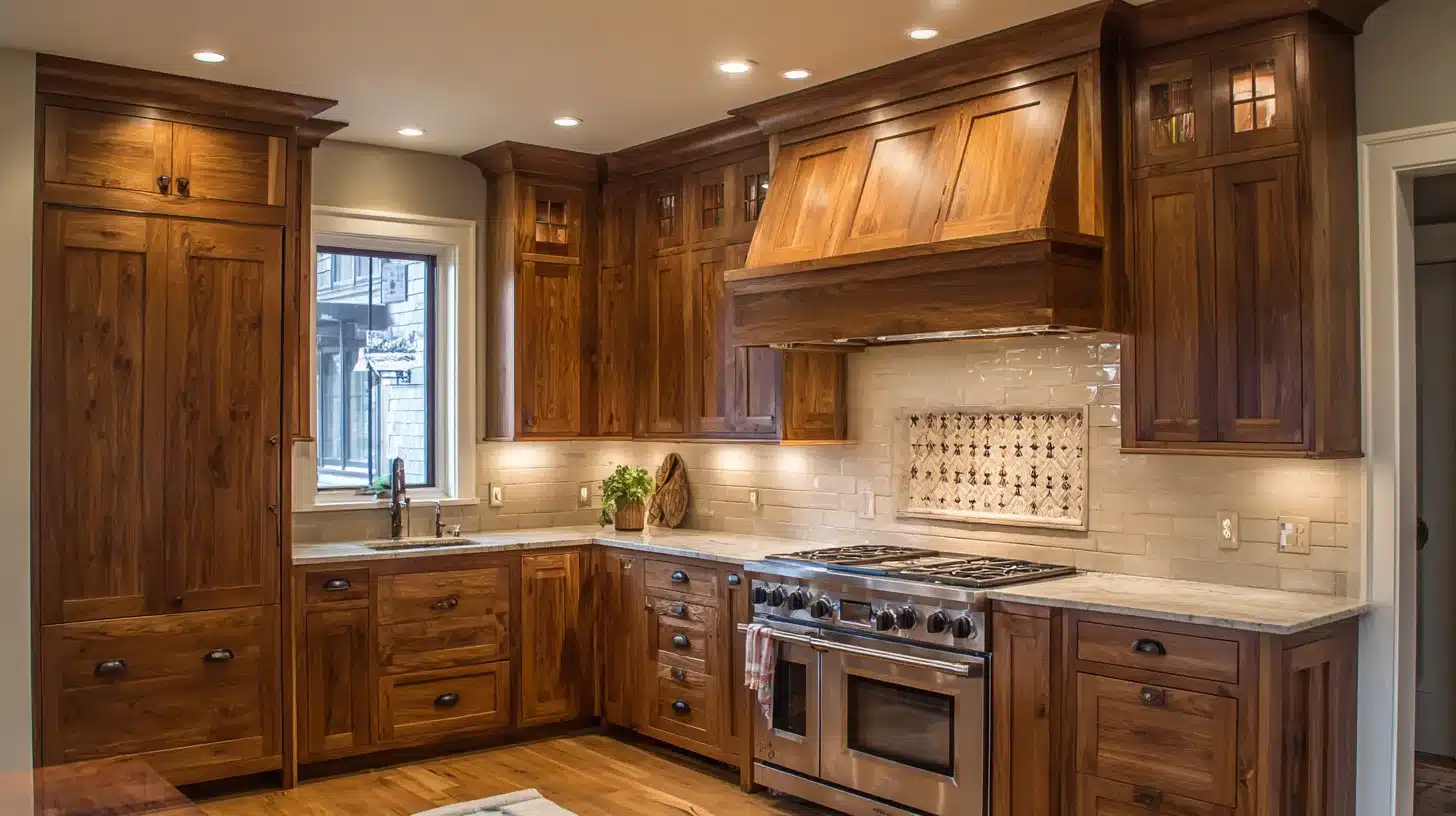 Craftsman kitchen with custom wood range hood, rich wood cabinetry, stone backsplash, and stainless steel stove