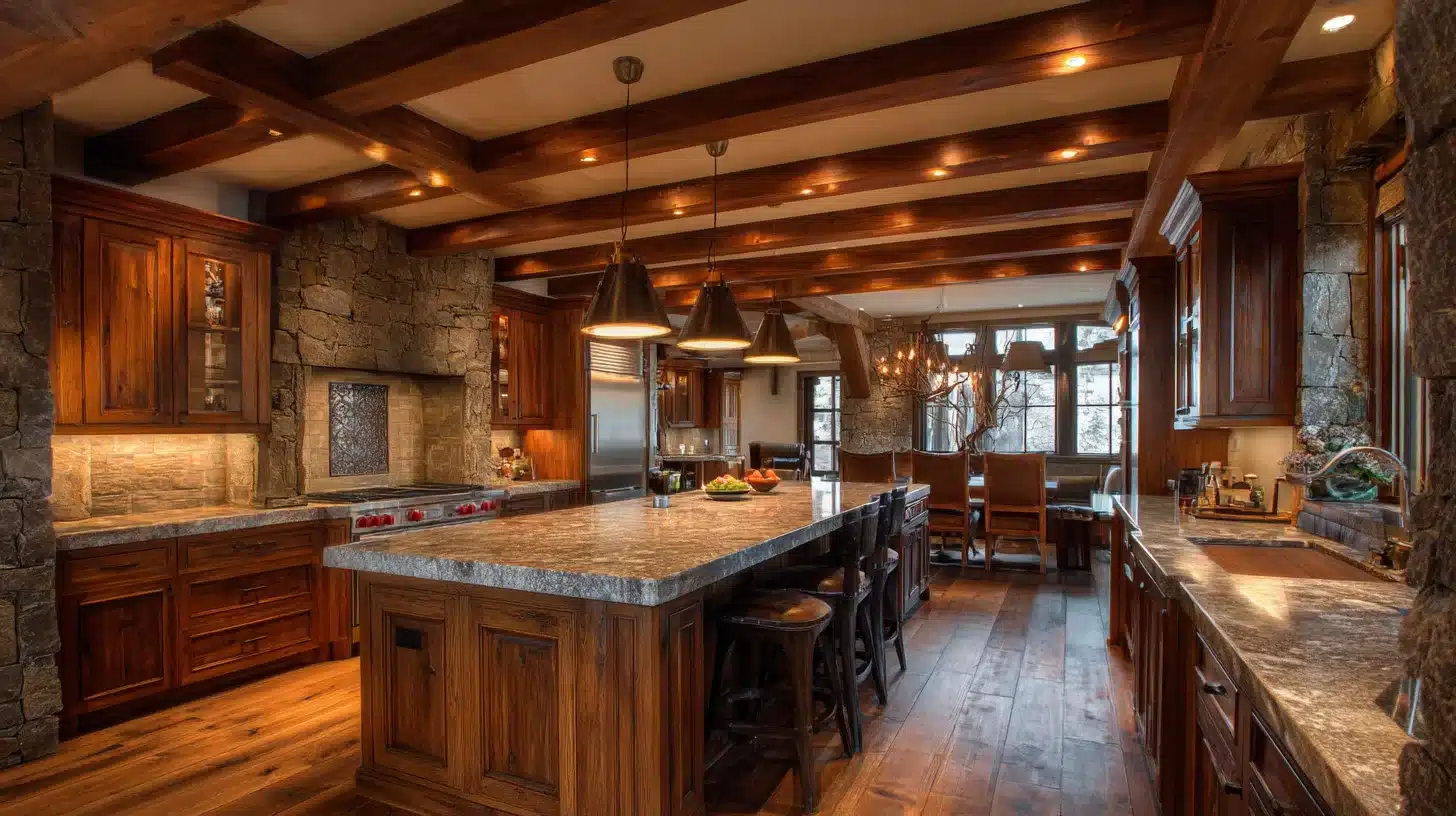 Craftsman kitchen with exposed wood ceiling beams, stone walls, large island seating, and warm pendant lighting.