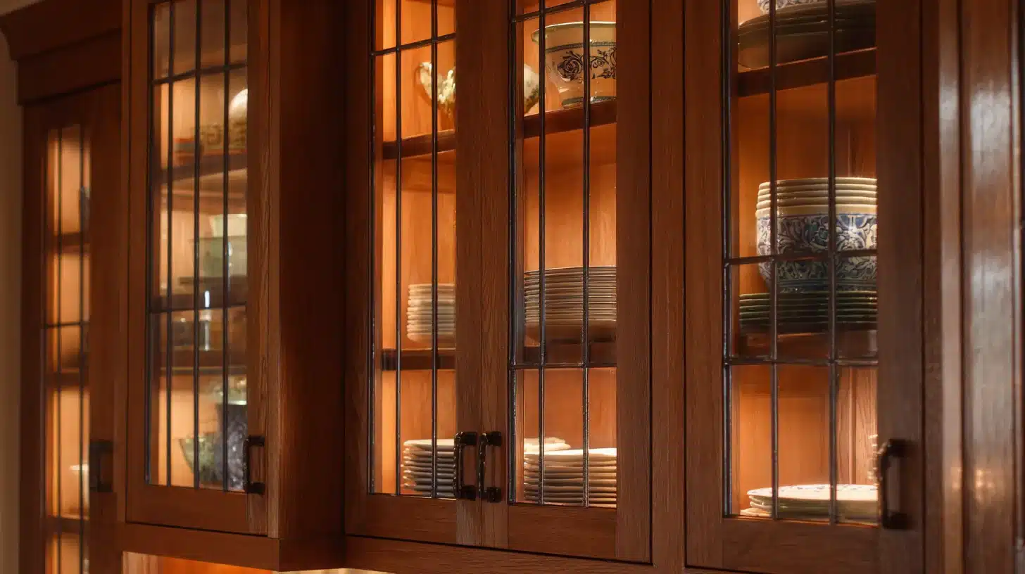 Craftsman kitchen with glass-front cabinets, wood frames, leaded panels, and neatly displayed dishware with soft lighting