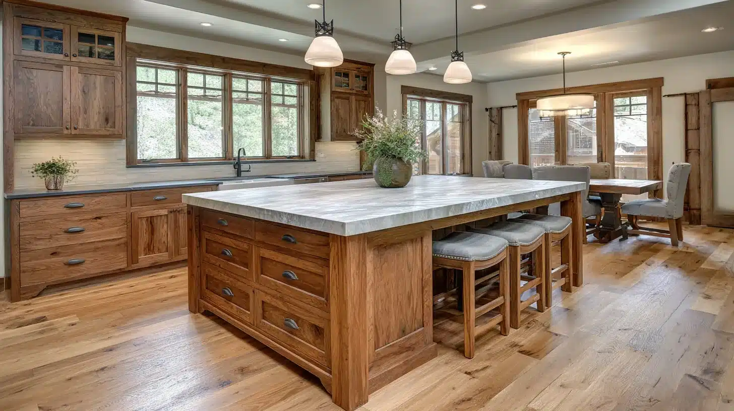 Craftsman kitchen with large wood island, stone countertop, pendant lights, and natural wood cabinetry with seating