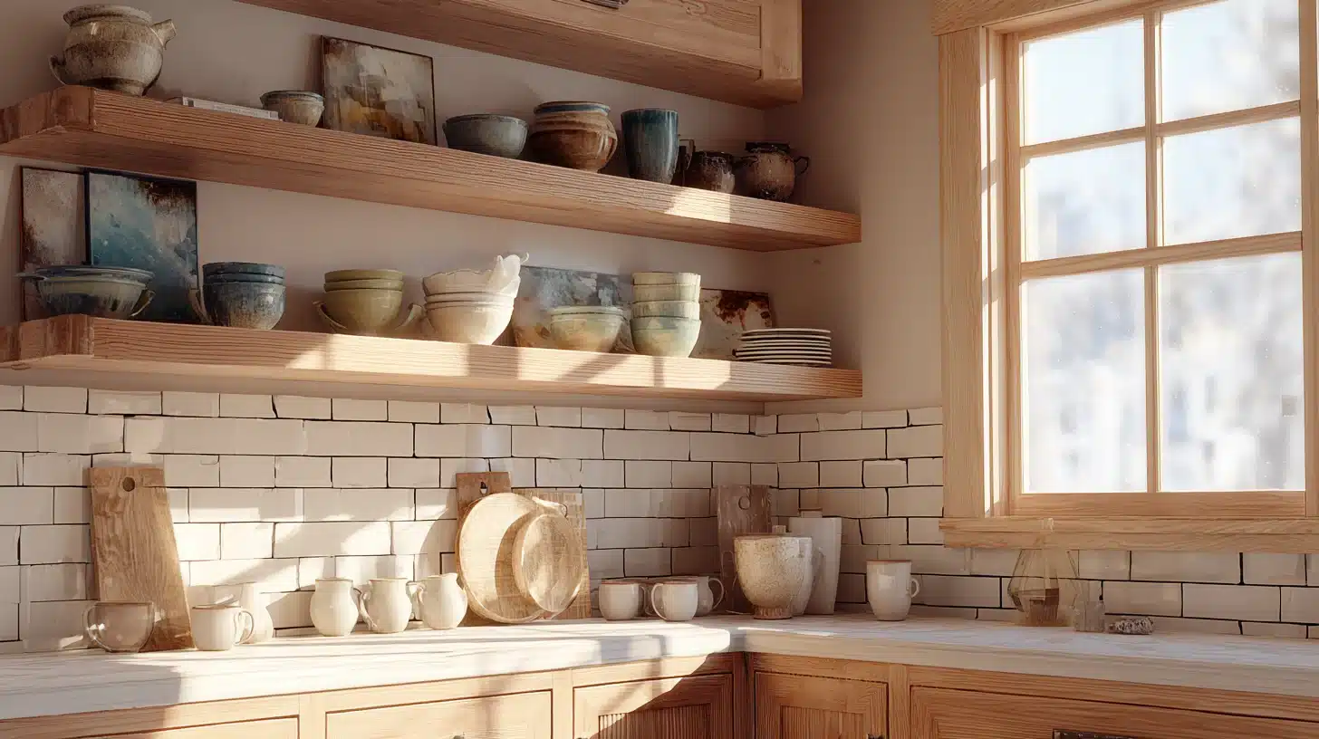 Craftsman kitchen with open wooden shelves displaying handmade pottery, white tile backsplash, and sunlight through window.