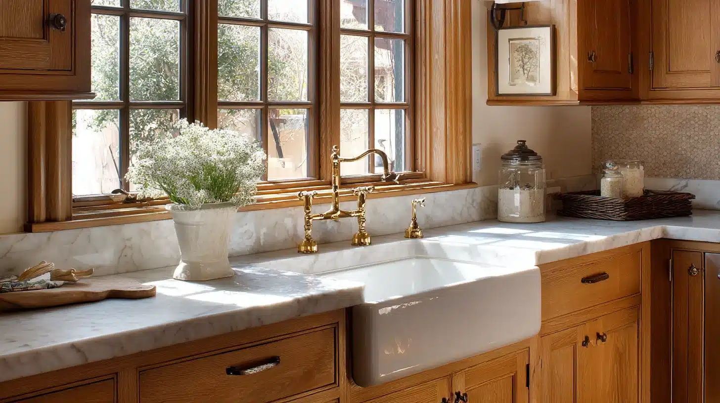 Craftsman kitchen with white apron-front sink, marble countertop, brass faucet, and natural wood cabinets by bright window