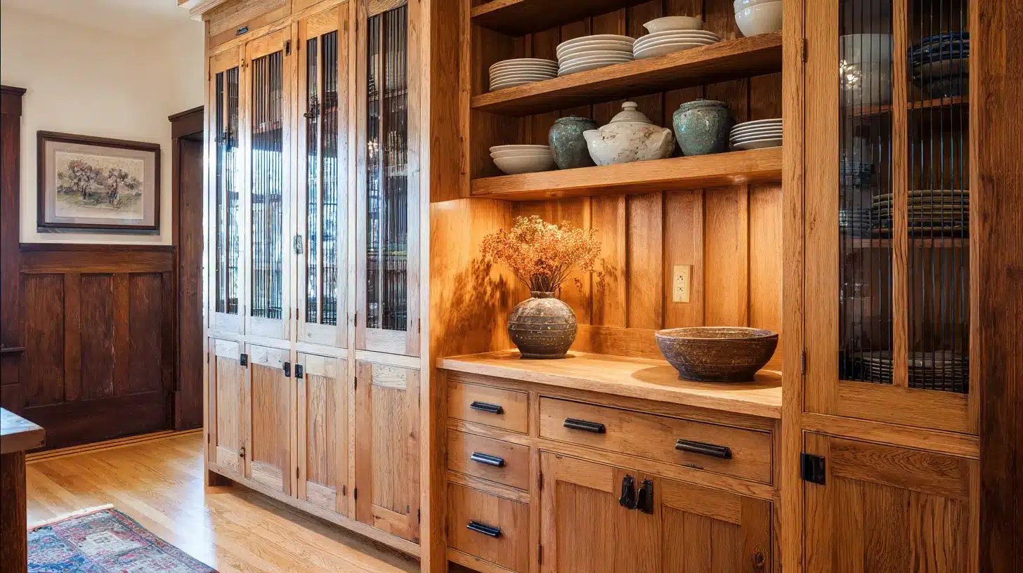 Craftsman style kitchen with built-in wood storage cabinets, open shelving for dishes, and detailed handcrafted cabinetry.