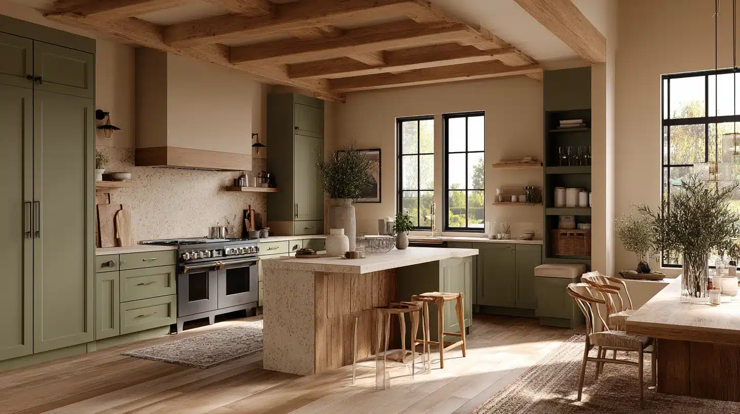 Craftsman style kitchen with sage green cabinets, exposed wood beams, natural textures, and large windows with soft daylight.