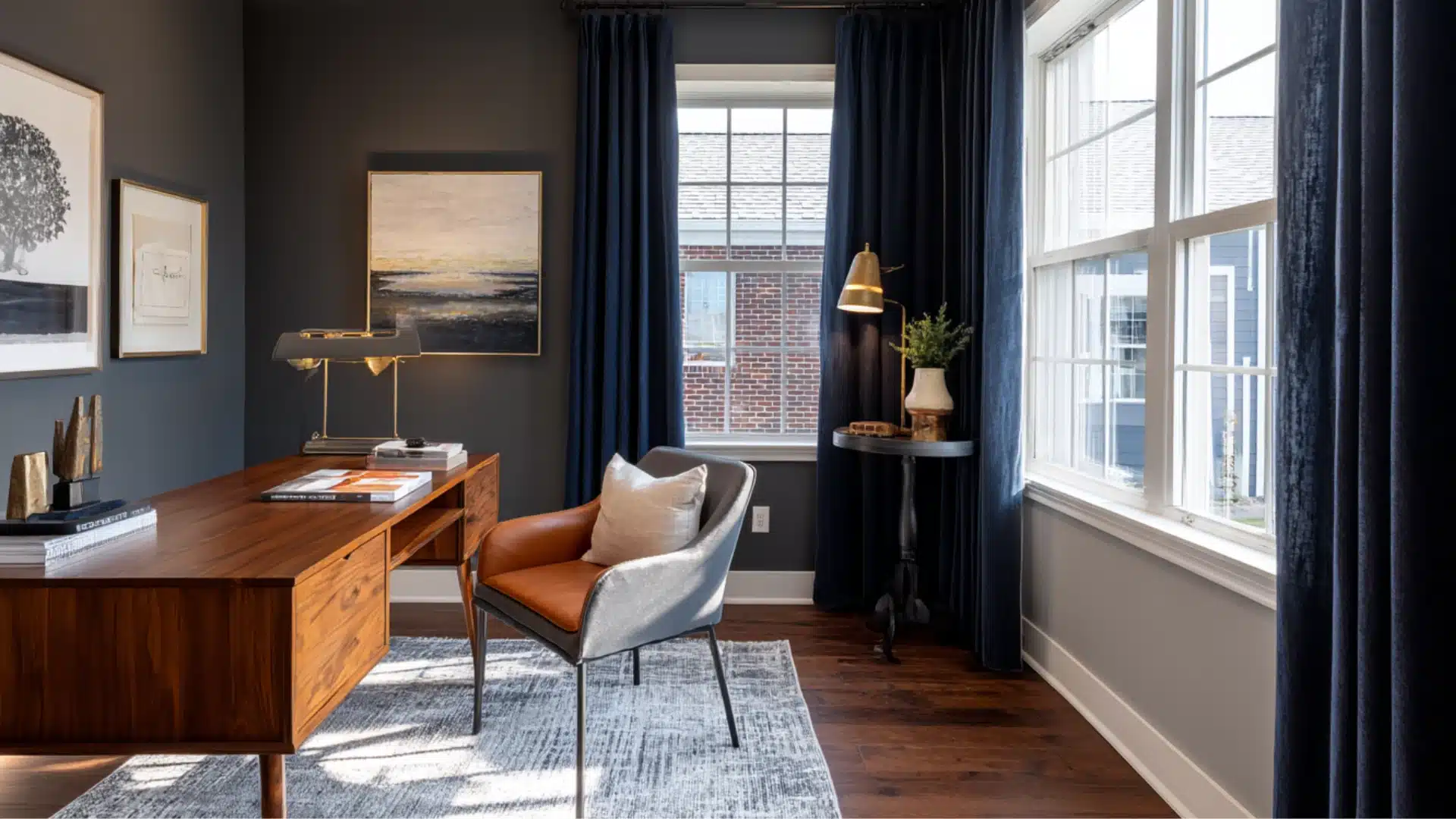 Dark office space with gray walls long navy blue curtains a wood desk leather chair and framed art on the left wall
