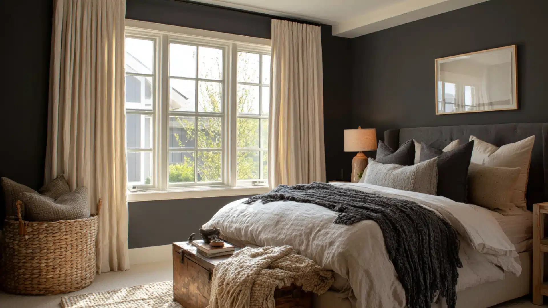 Dark room with cream curtains over a window a bed with neutral linens a woven rug and a wooden trunk at the foot of it