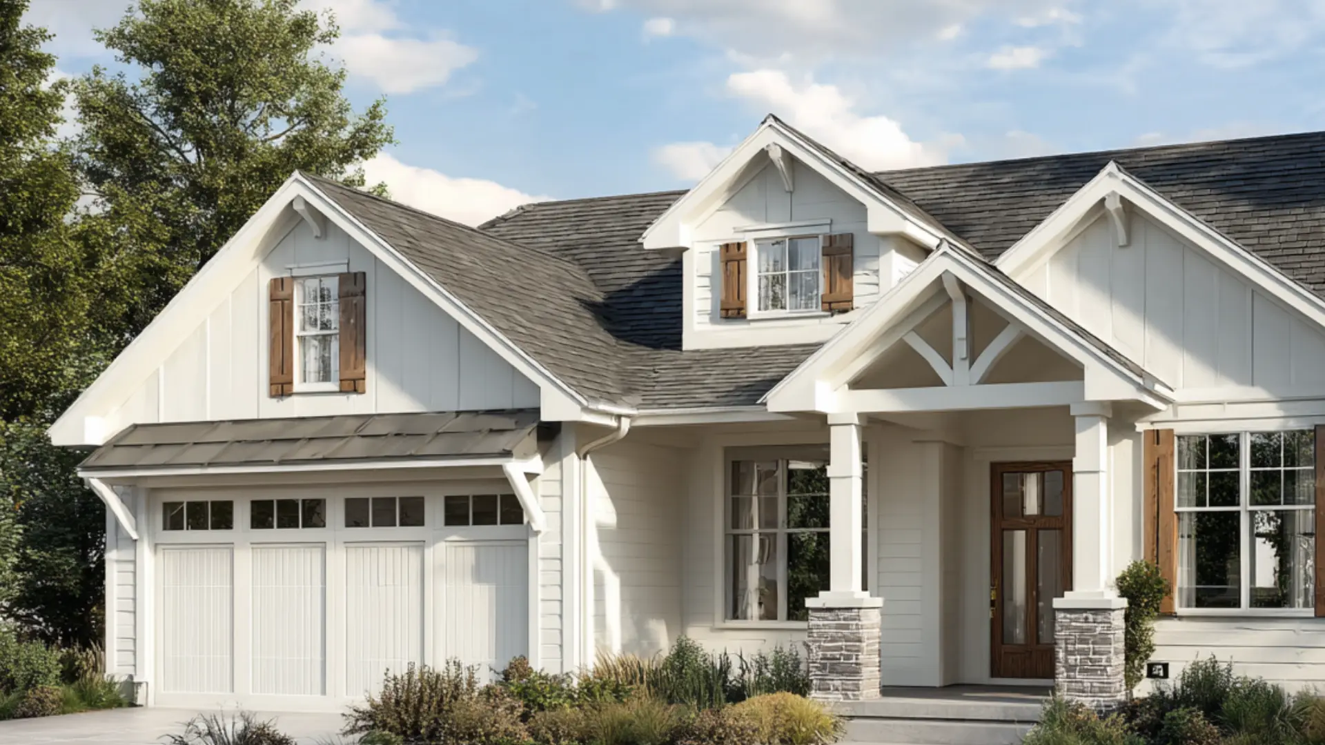 Exterior of a white house with brown shutters stone porch columns a grey roof and green grass under a soft cloudy sky