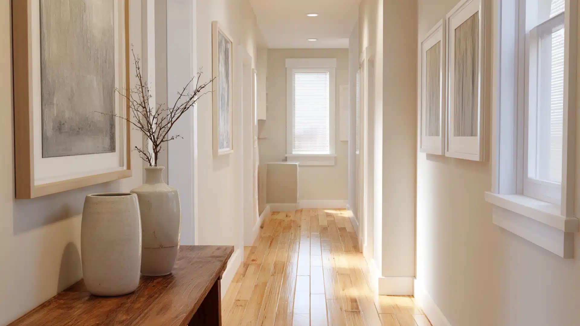 Light airy hallway with light wood floors a rustic console table neutral framed art and a small plant