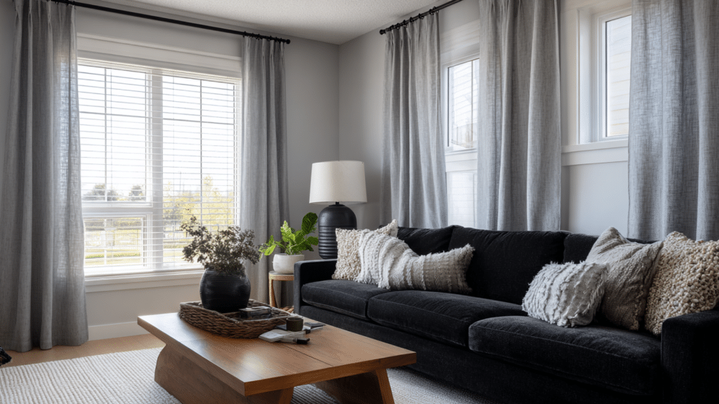 Light gray living room with charcoal curtains what color curtains go with gray walls a cozy sofa and a wood coffee table