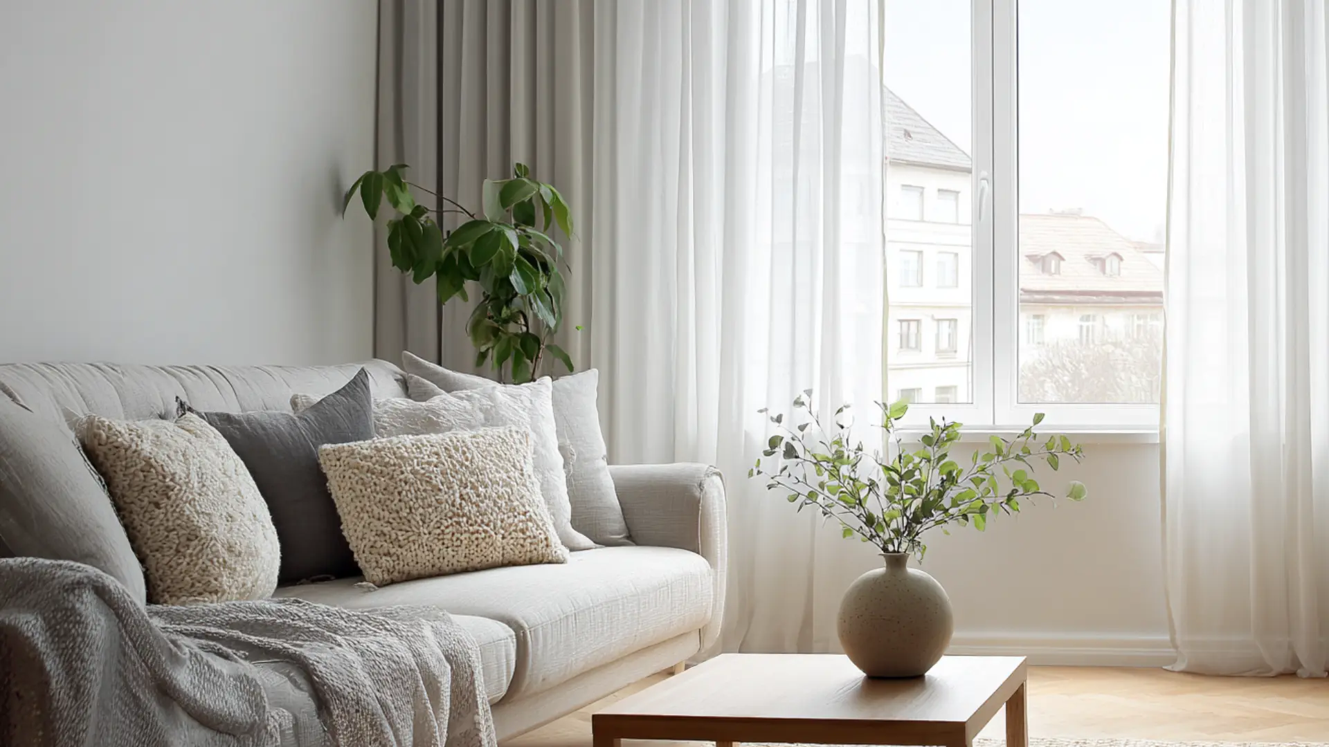 Light living room featuring a gray sofa with cozy pillows white sheer curtains a wood coffee table and a leafy green plant