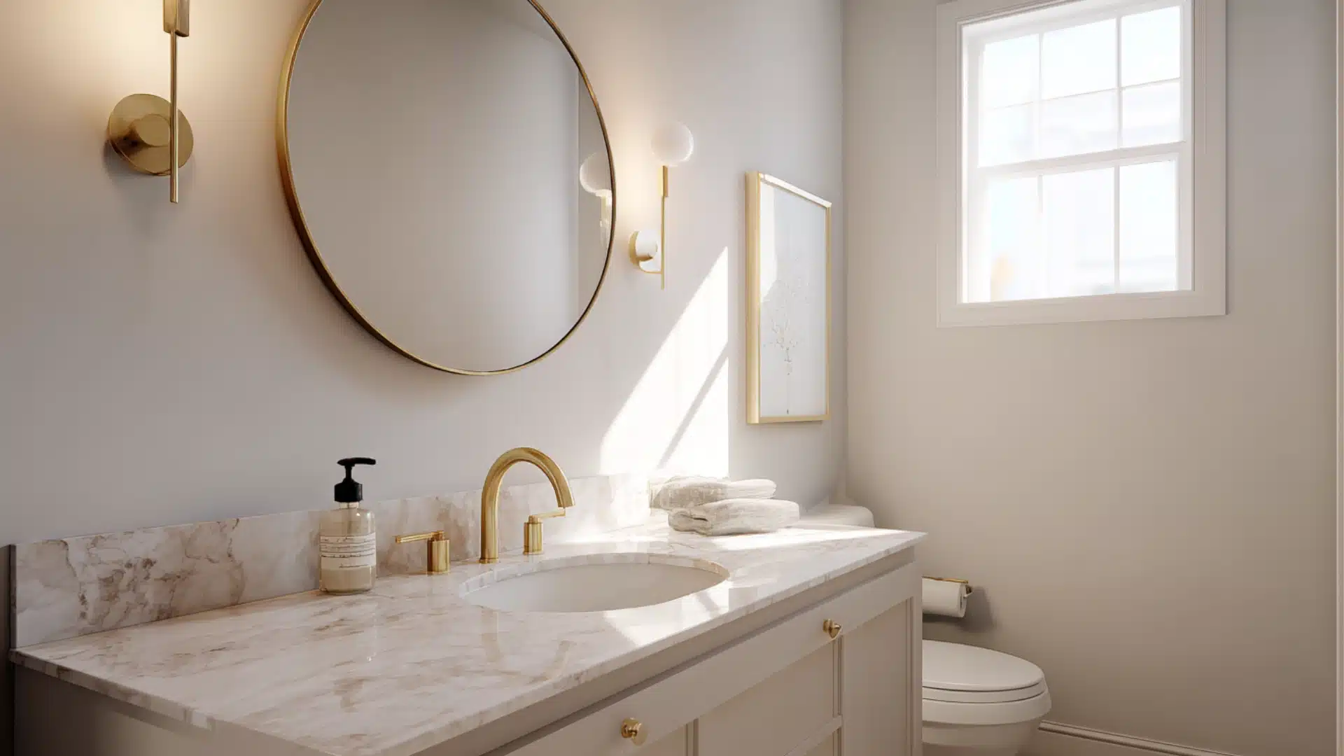 Minimalist cream bathroom with a round gold mirror marble countertop gold fixtures and light colored walls and a window