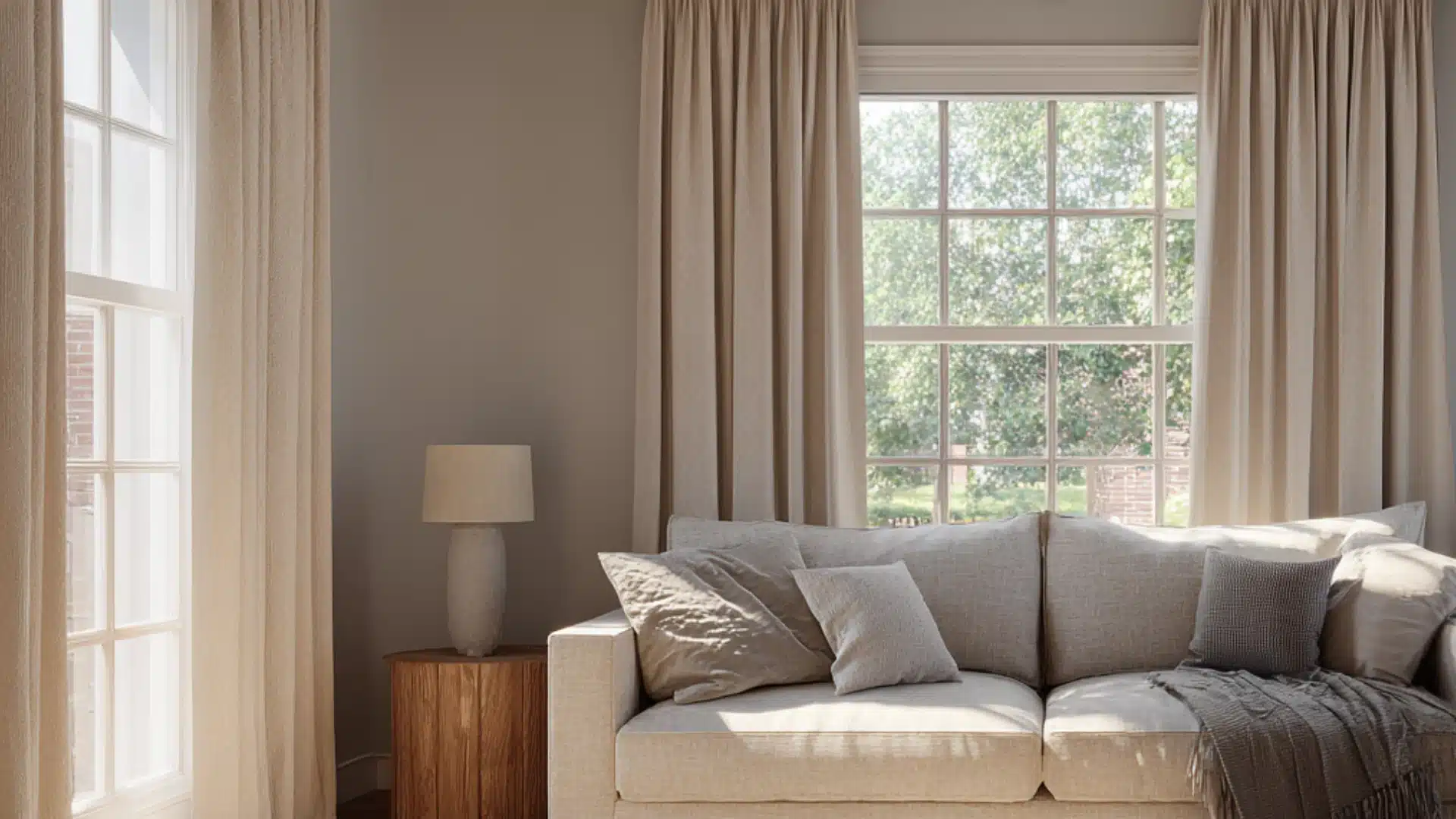 Modern bathroom with light oak vanity white marble counter round mirror a glass shower and white toilet on beige tile (1)