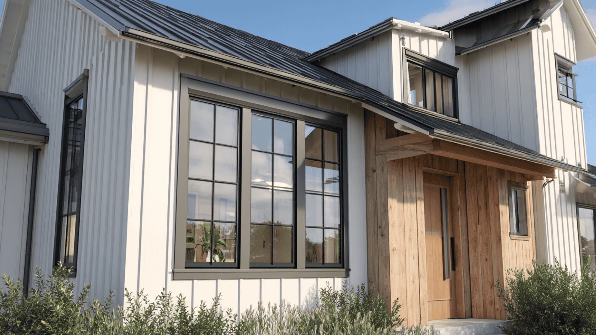 Modern farmhouse with white board and batten siding black metal roof large gridded windows and a natural wood entryway