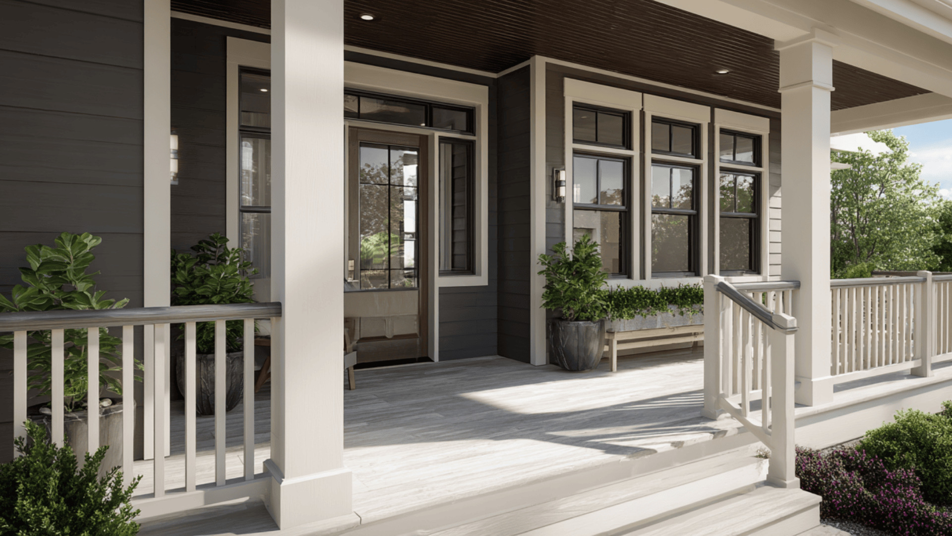 Modern home with stone base and dark urbane bronze exterior siding features white trim around windows and porch columns (2)