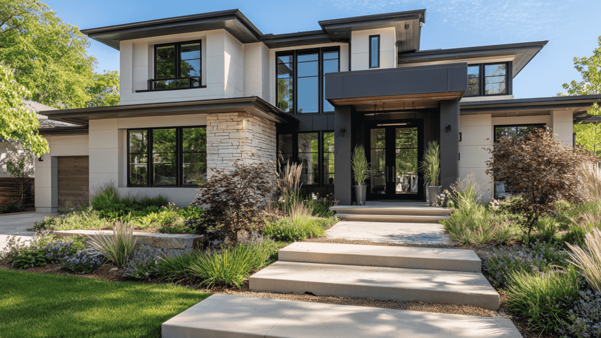 Modern home with stone walls and an urbane bronze exterior trim around black windows and a large dark glass front door