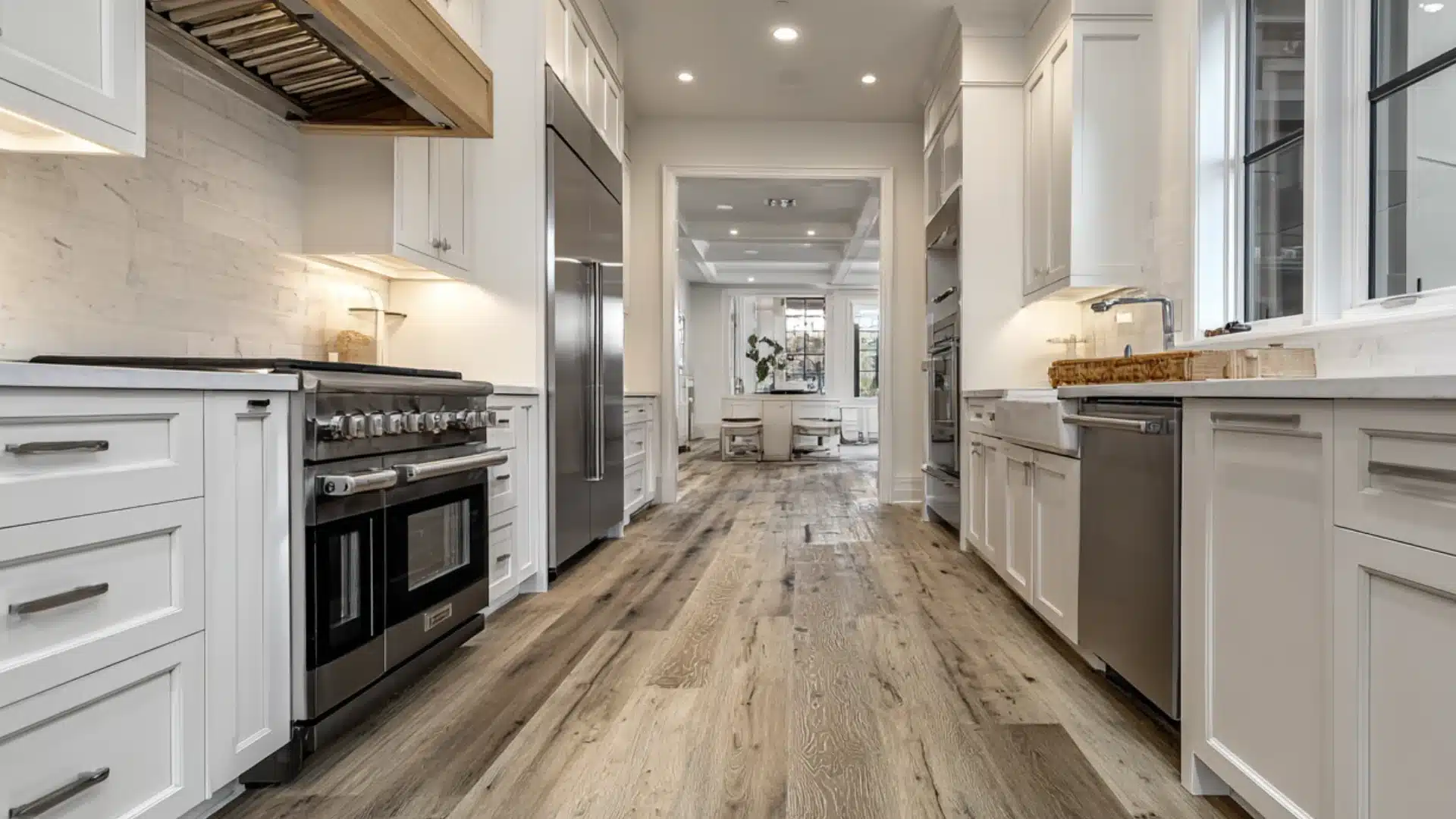 Modern kitchen with white cabinets marble counters and long wood floor planks that lead from the stove toward the doorway
