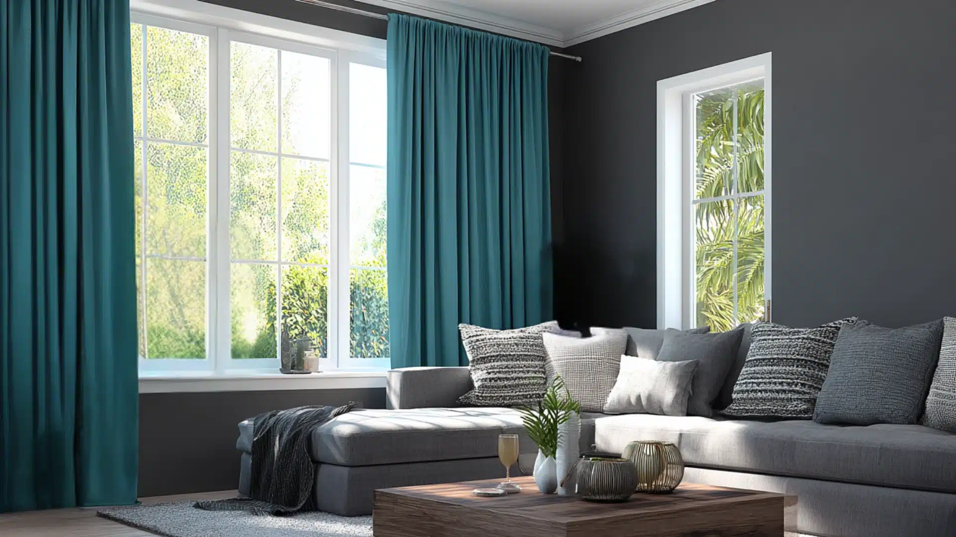 Modern living area with gray walls teal blue curtains a gray sectional sofa a wood coffee table