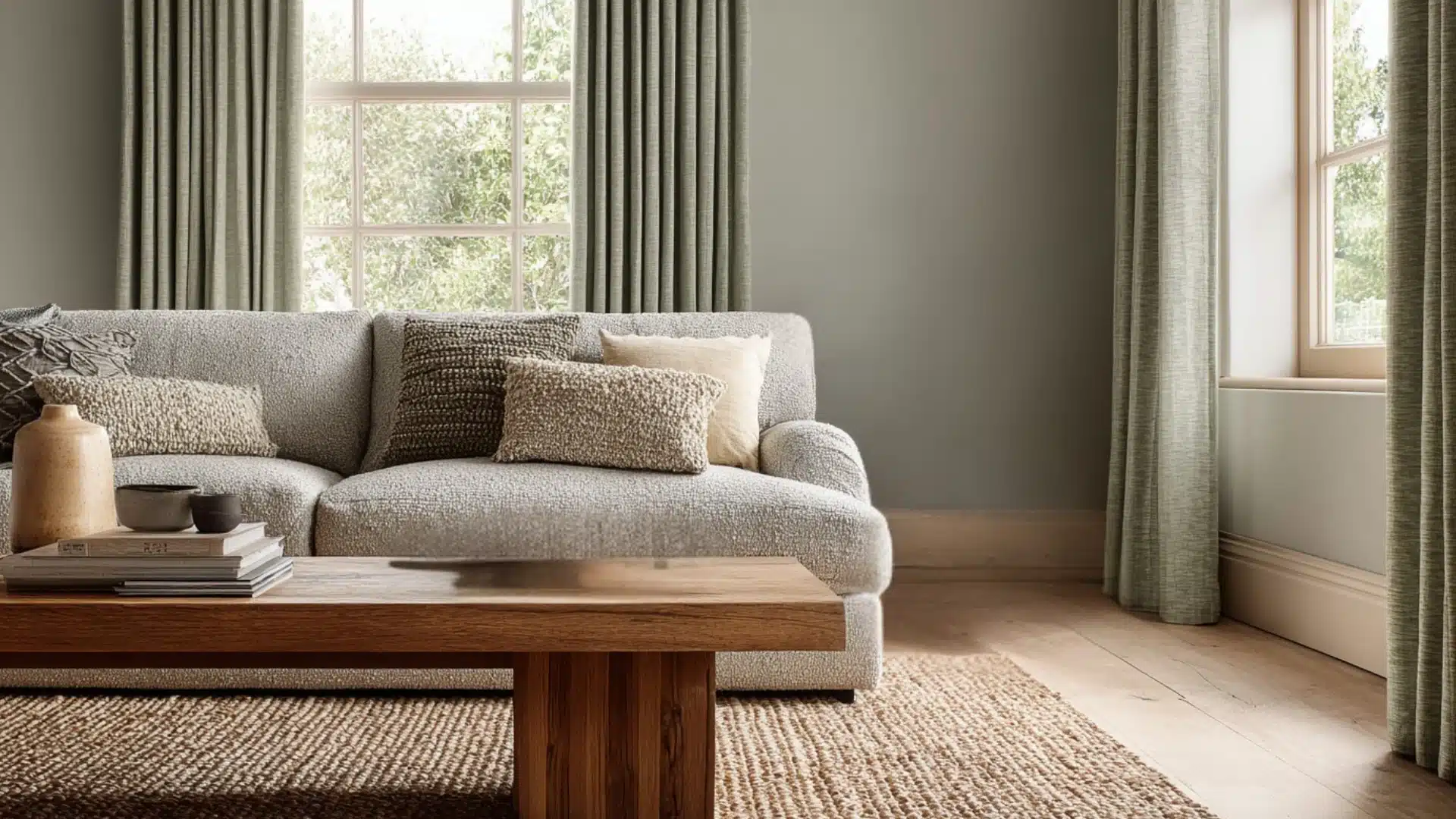 Modern living area with sage green curtains light gray sofa textured pillows a wood table and pampas grass in a clay vase