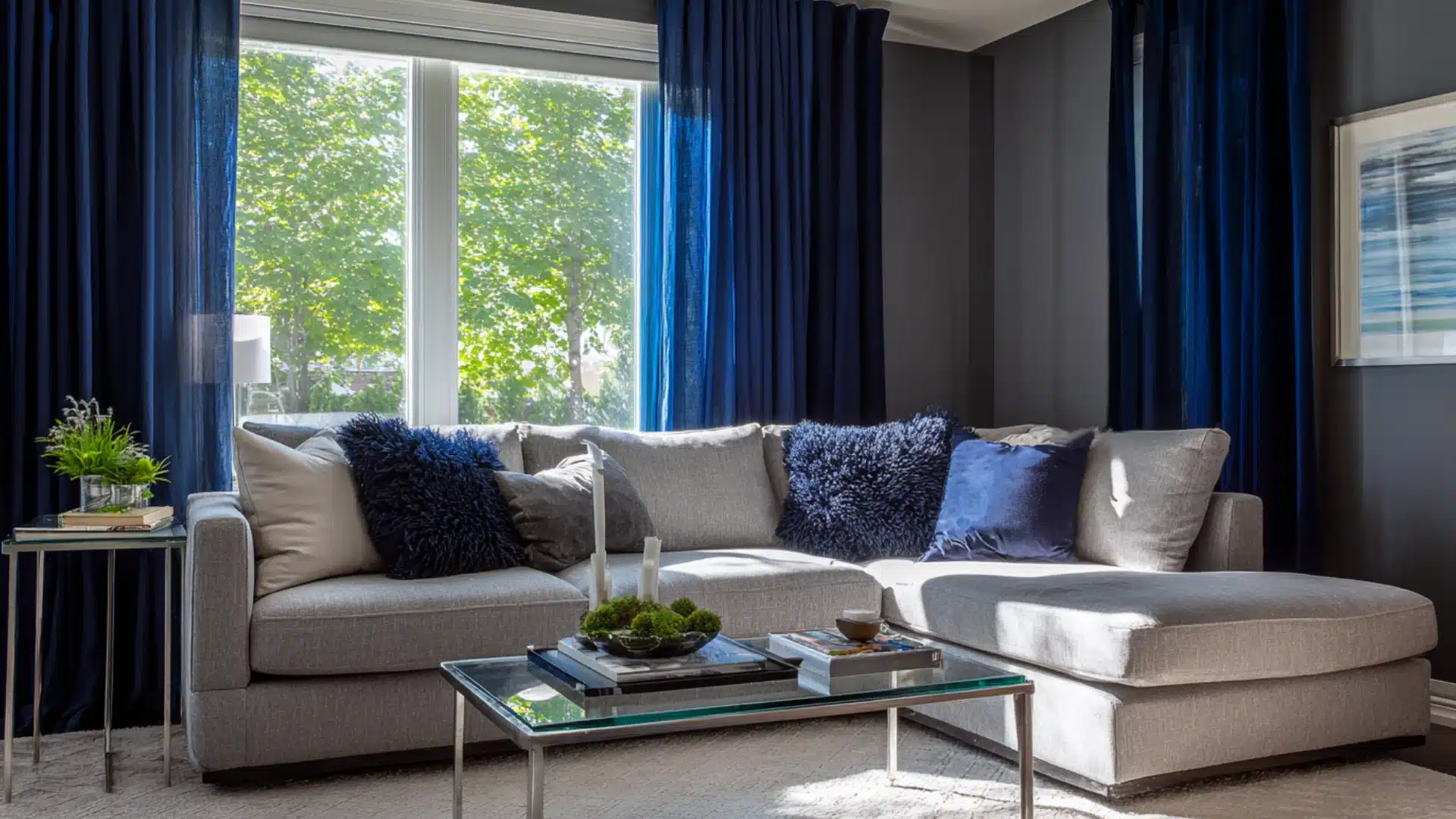 Modern living room with dark gray walls deep navy blue curtains a gray sectional sofa and a sleek silver arched floor lamp
